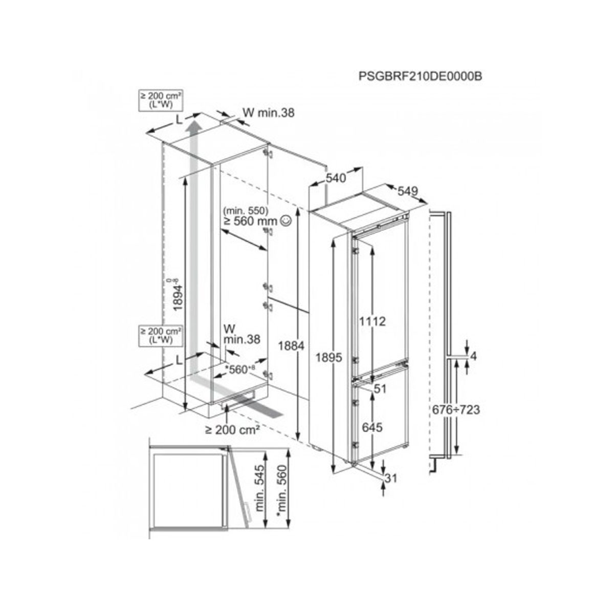 Dibujo técnico de un refrigerador, que muestra dimensiones y características, con texto.
