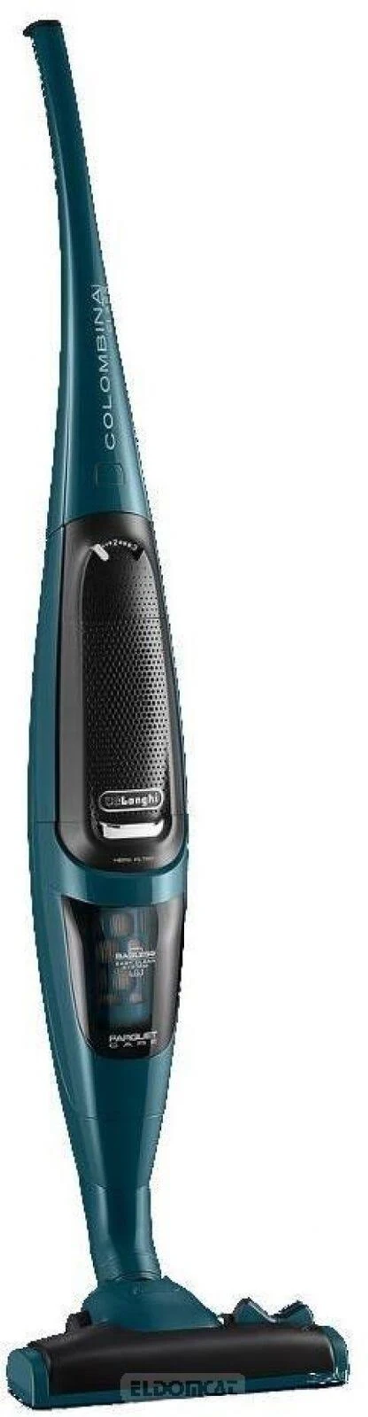 Zielono-niebieski odkurzacz pionowy z czarnymi akcentami, stojący.