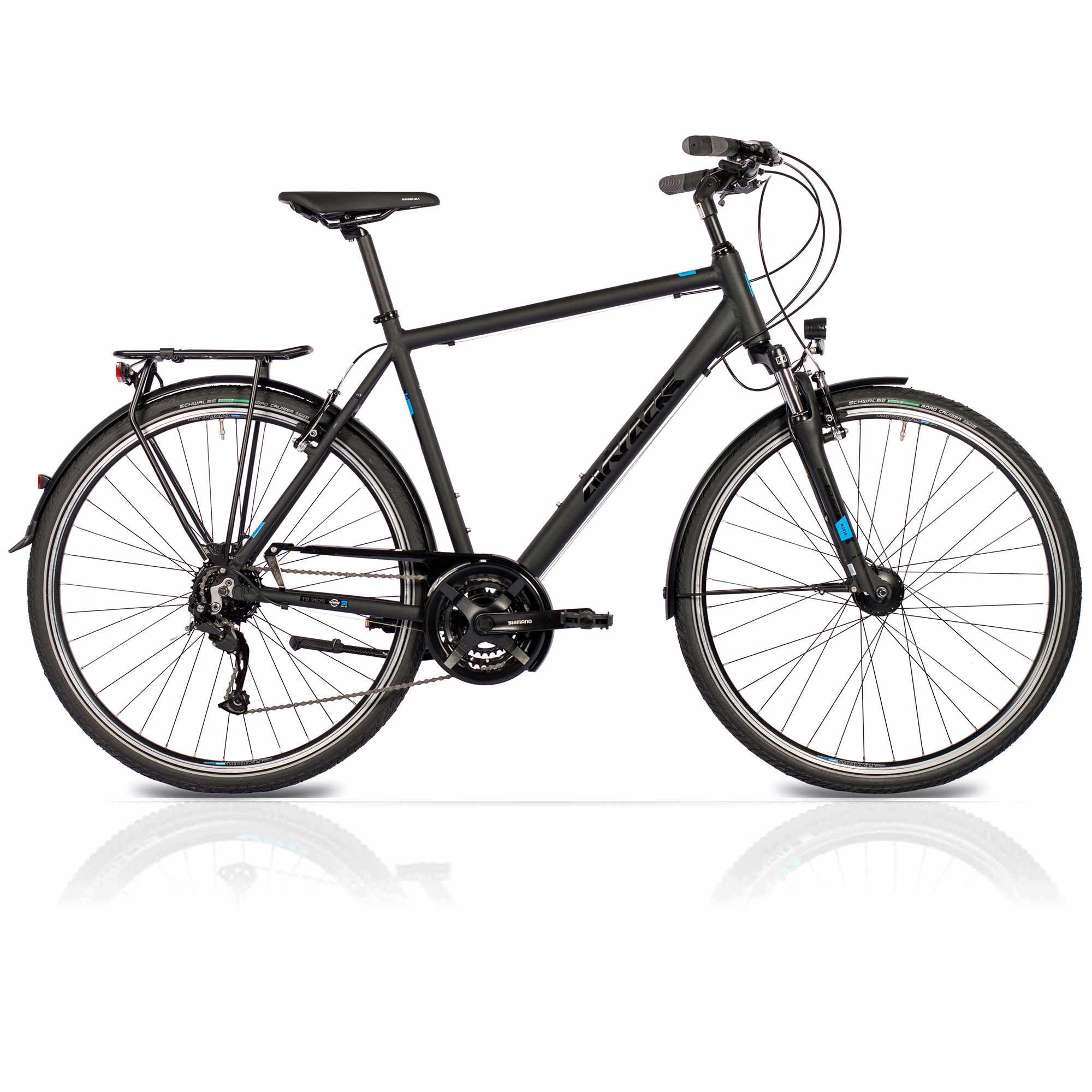 Schwarzes Fahrrad mit schwarzem Sattel, Rahmen und Reifen. Hat blaue Akzente und ist vor weißem Hintergrund.
