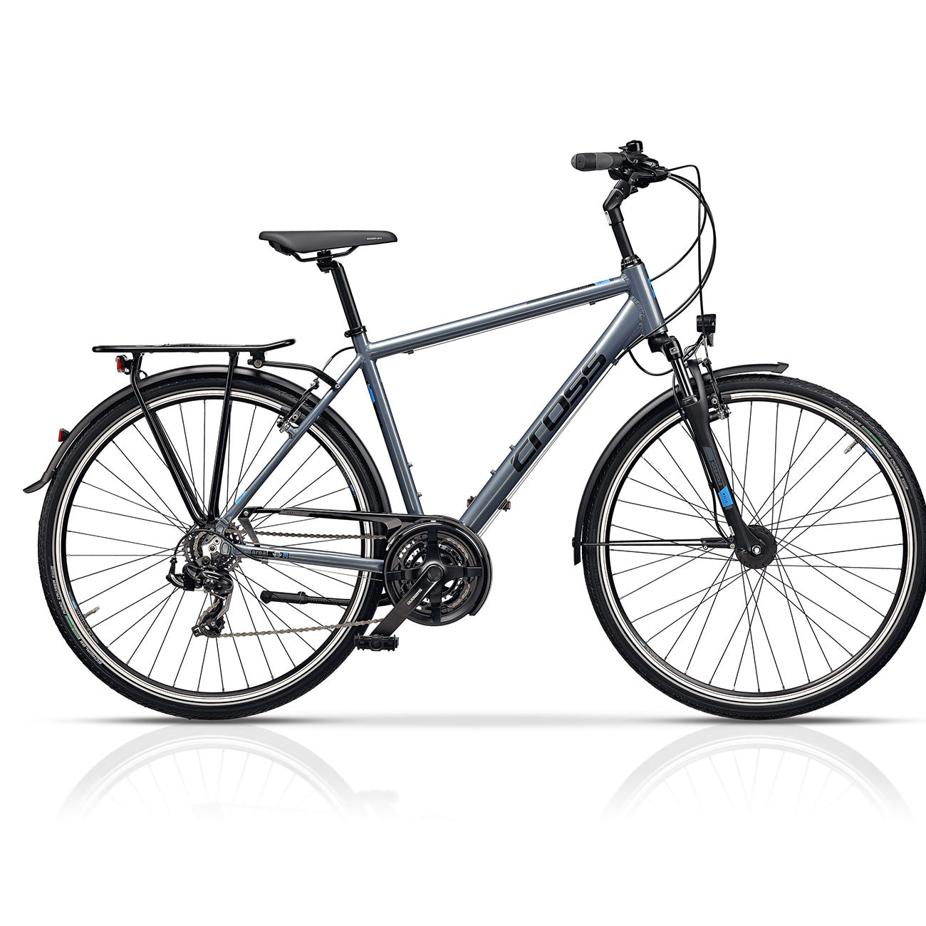 Ein graues Fahrrad mit schwarzen Komponenten.