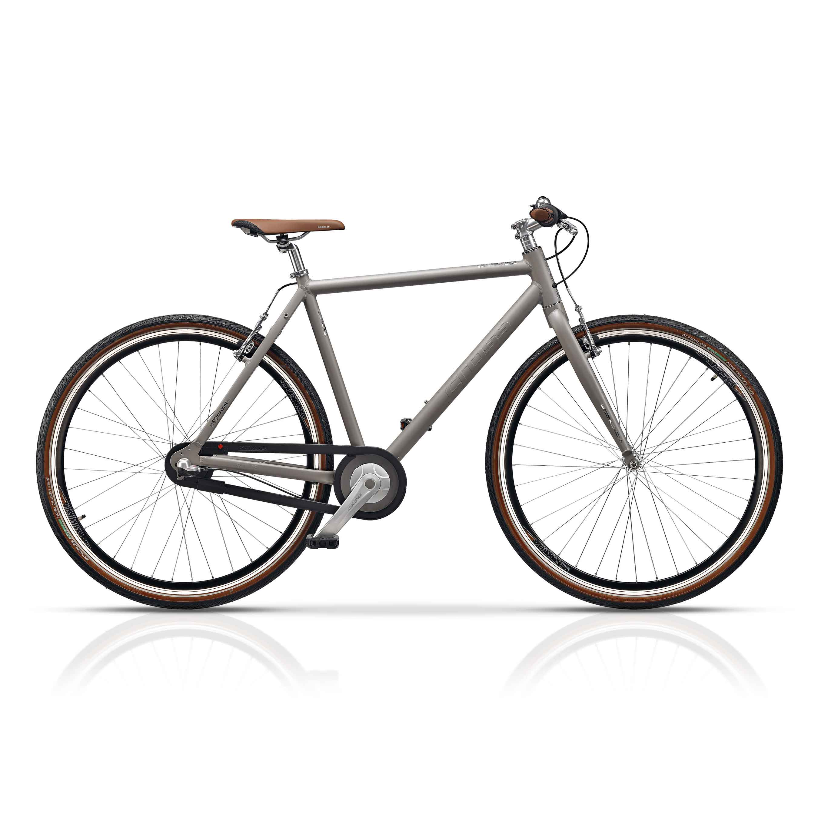 Ein graues Fahrrad mit braunen Reifen und einem braunen Sattel, vor weißem Hintergrund.