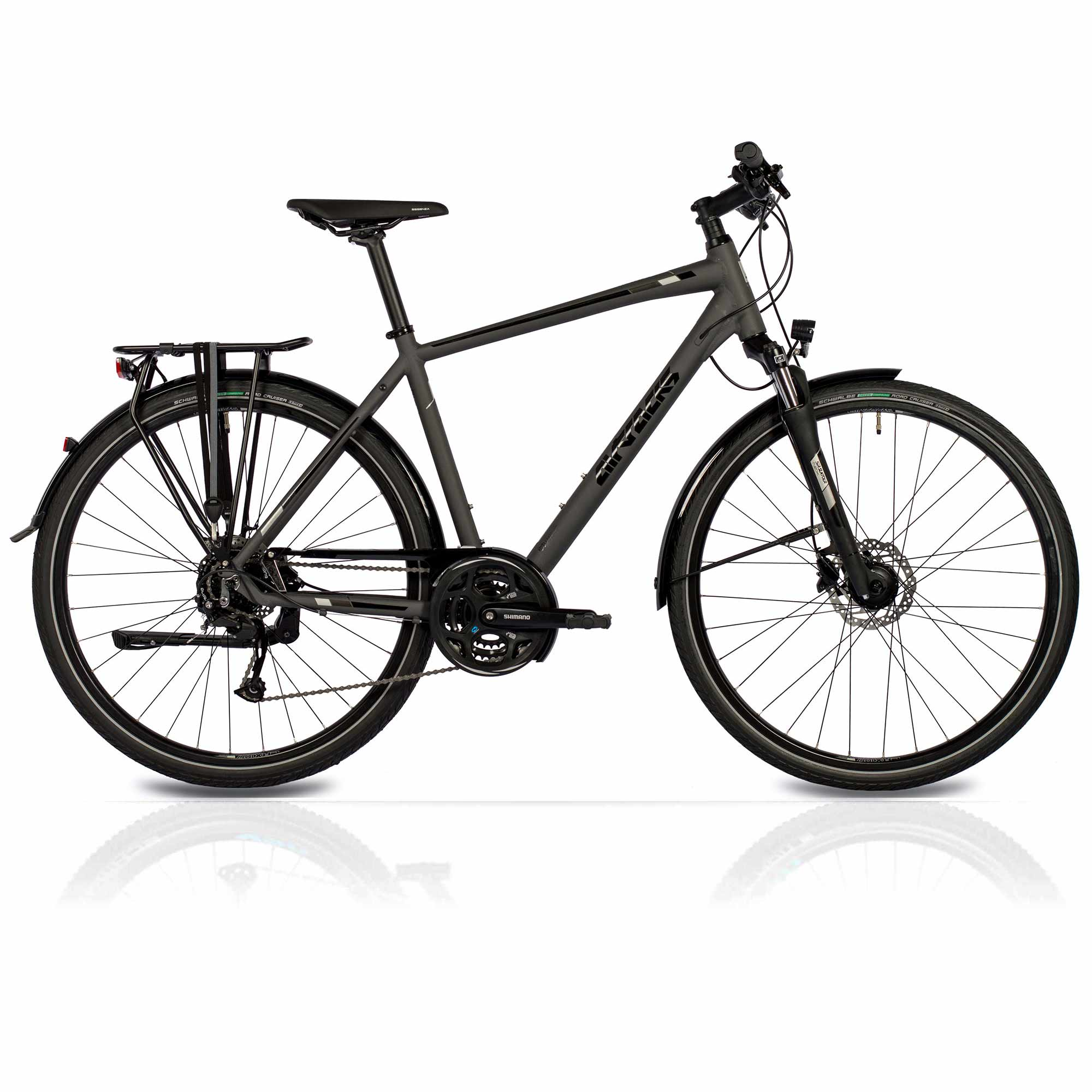 Ein schwarzes Fahrrad auf weißem Hintergrund. Schwarzes Fahrrad mit Gepäckträger.