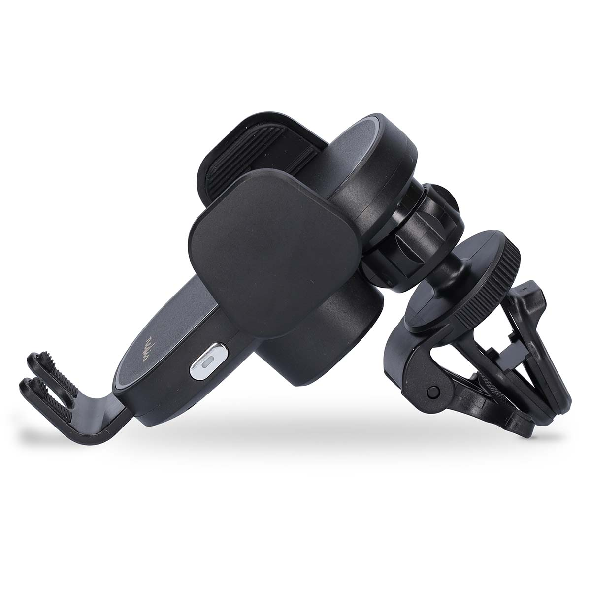 A black car phone holder with a round magnetic mount and air vent clip.