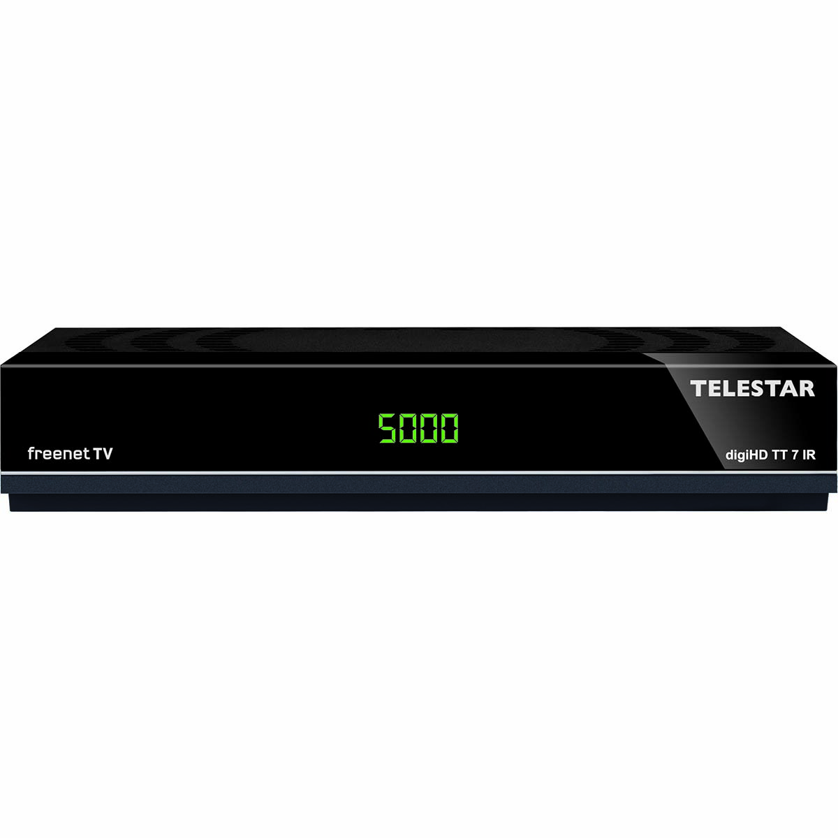 Schwarzer Digitalreceiver mit grüner Anzeige, Telestar-Markenname. Weißer Hintergrund.