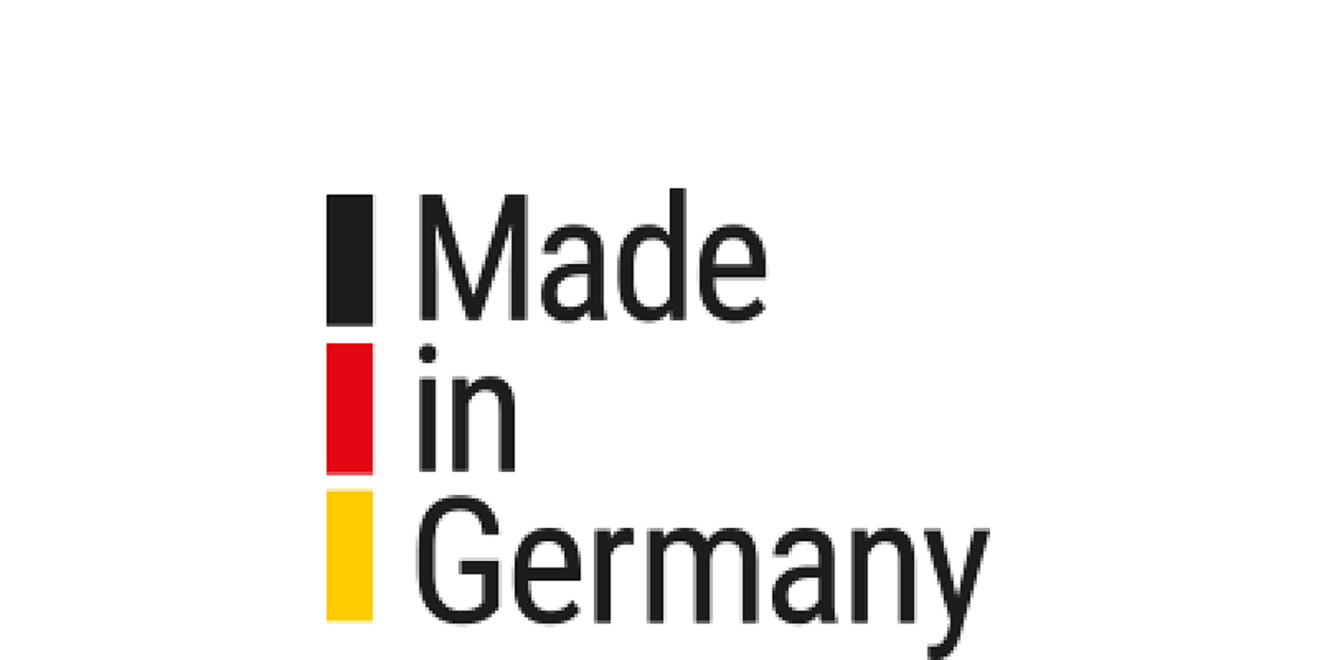 Napis 'Made in Germany' w kolorach czarnym, czerwonym i żółtym, z barwami flagi Niemiec.