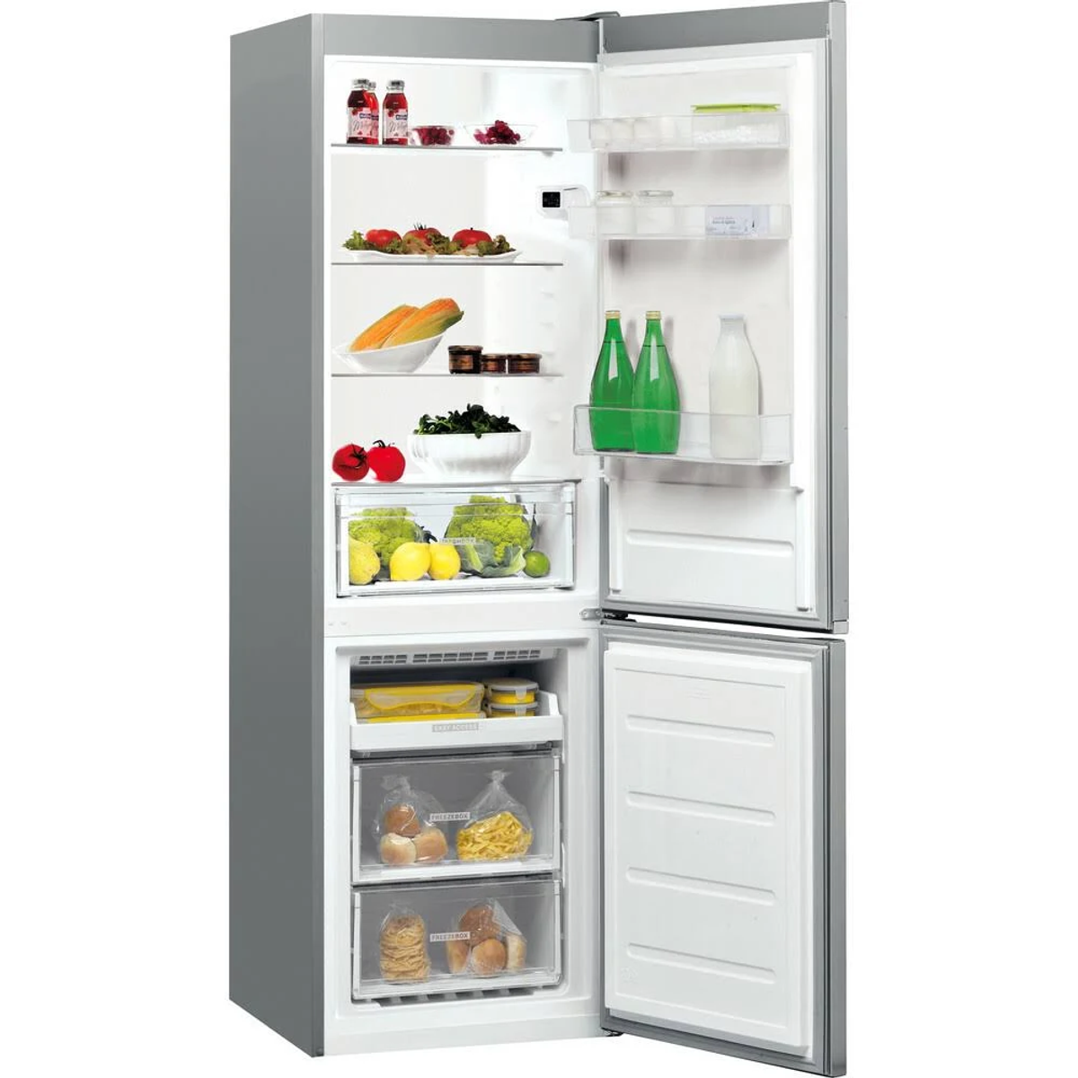 Refrigerador abierto, mostrando alimentos adentro, con dos puertas.