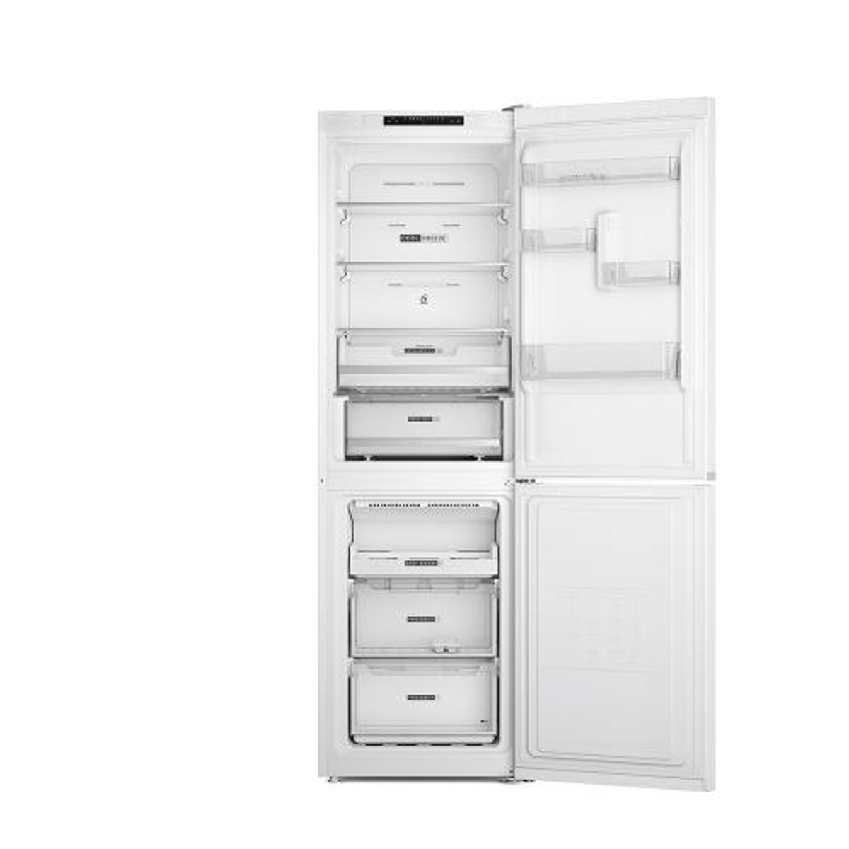 Een witte koelkast met open deuren, met lades en planken.