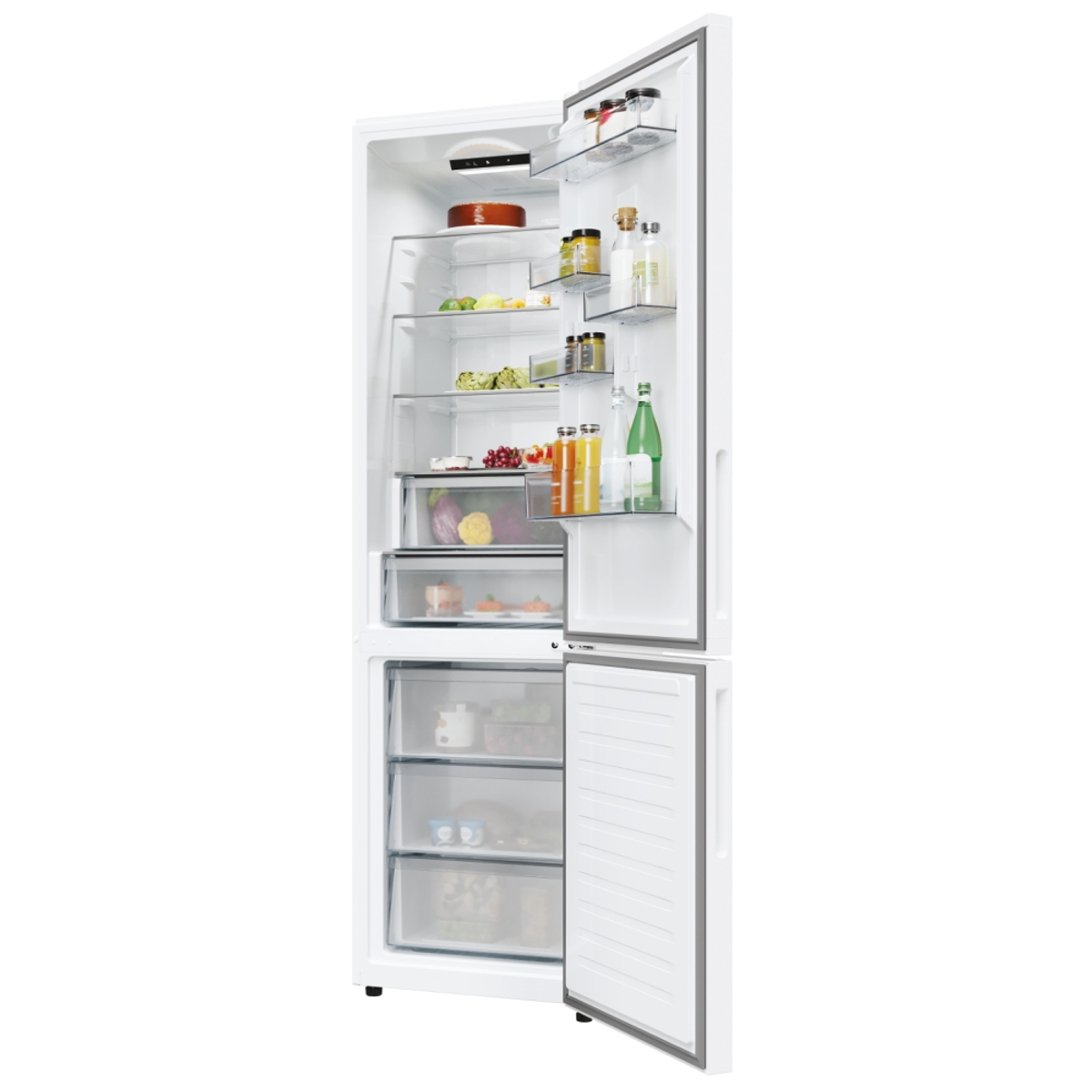 Un refrigerador con estantes, lleno de alimentos como frascos y botellas.
