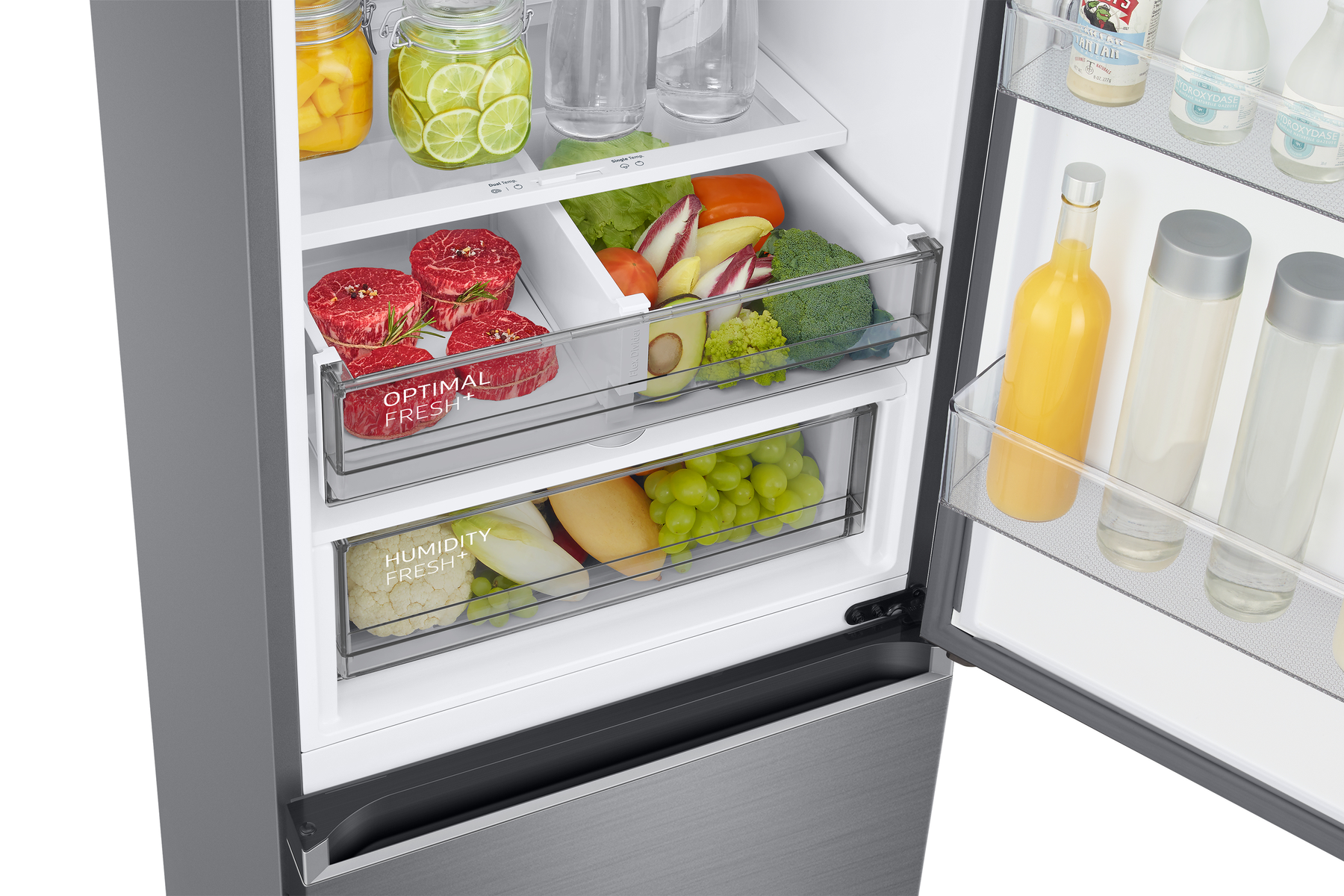 Interno di un frigorifero con prodotti freschi e carne, cassetti con 'Optimal Fresh'.