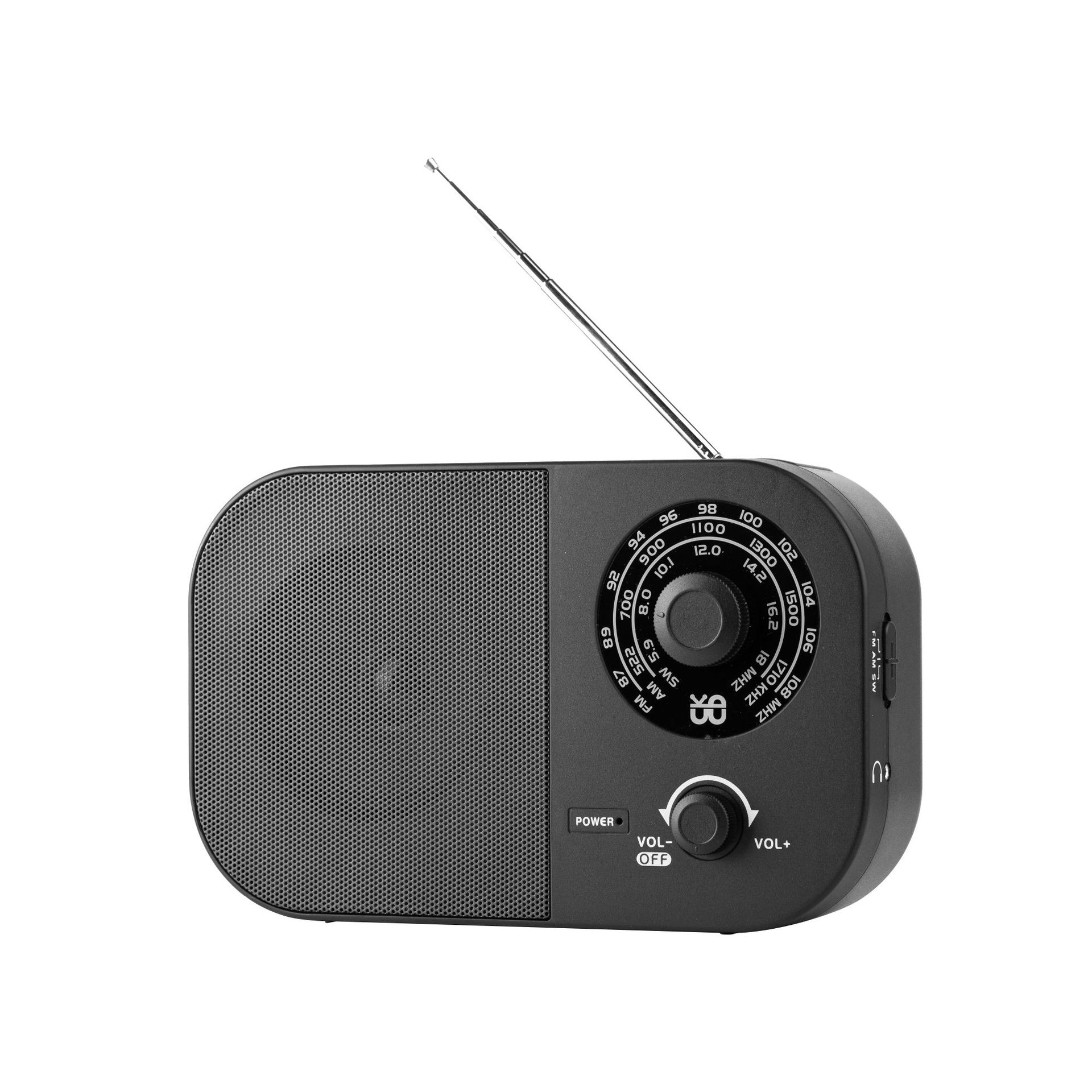 Ein schwarzes Radio mit Antenne steht auf einer weißen Oberfläche. Das Radio hat einen Lautsprecher, Knöpfe und Tasten.