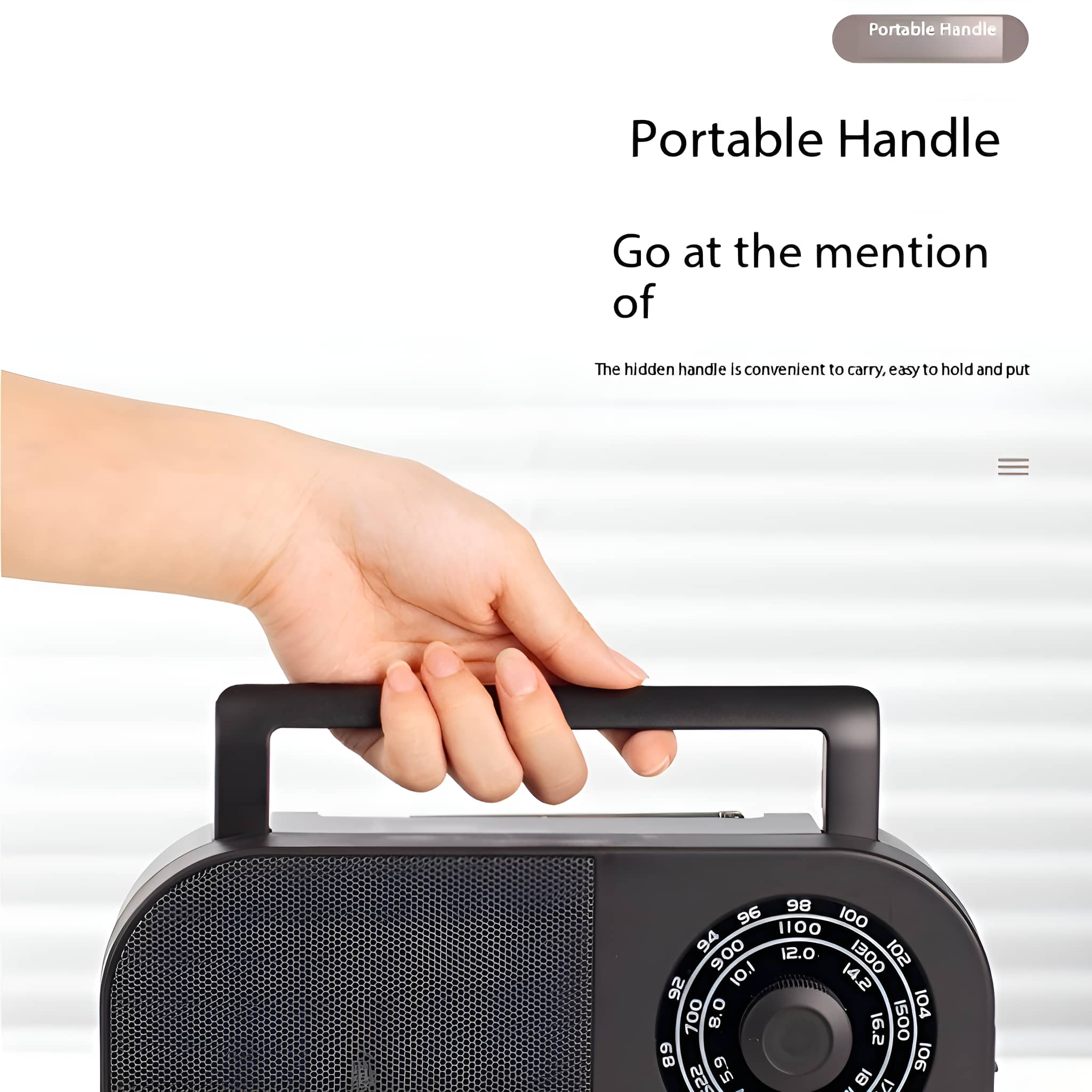 Eine Hand, die ein tragbares Radio hält, mit den Worten 'Portable Handle' darüber.