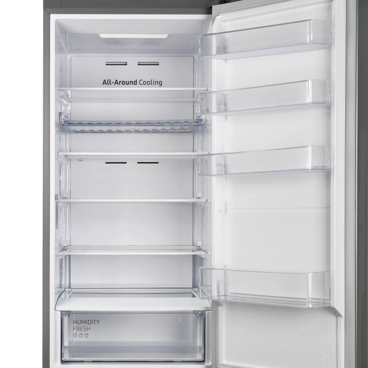 L'interno di un frigorifero con più ripiani. Il testo 'All-Around Cooling' è visibile. Stoccaggio vuoto.