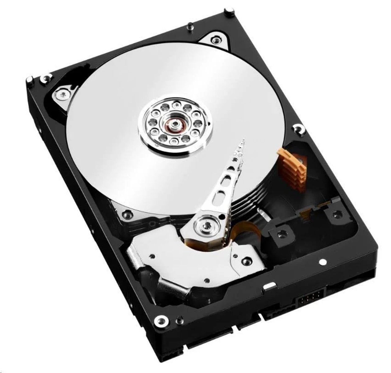 Otwarty dysk twardy z obracającym się dyskiem i widocznymi elementami. Białe tło.