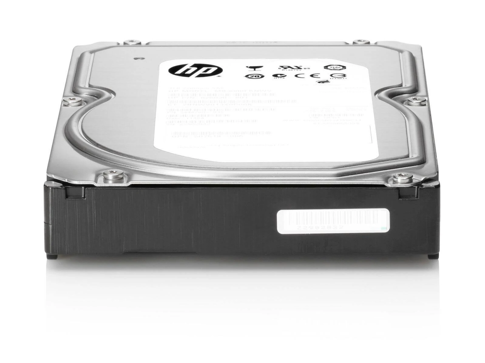 Srebrny dysk twardy HP, czarna podstawa. Widok z góry, pokazuje etykietę i szczegóły śrub. Białe tło.