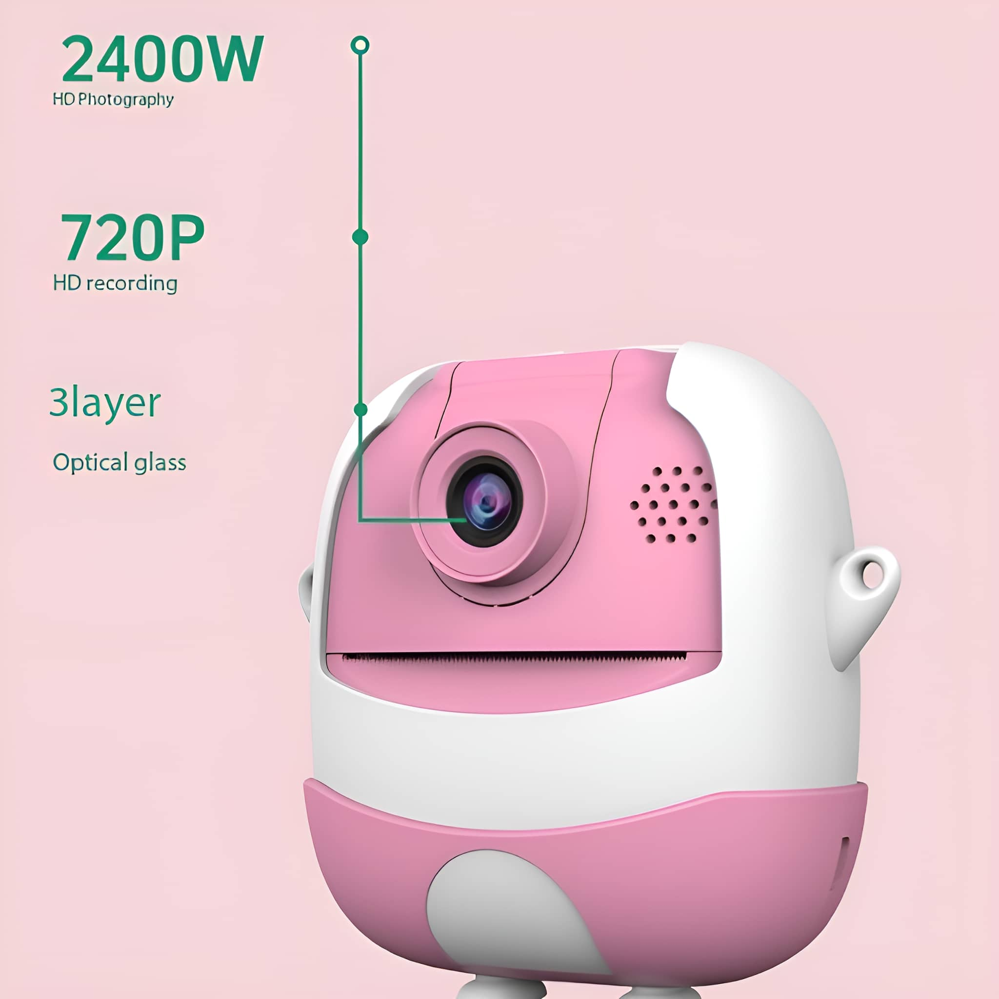 Rosa-weißer Baby-Monitor mit Spezifikationen: 2400W HD-Fotografie, 720P HD-Aufnahme, 3-Schicht-Optikglas.