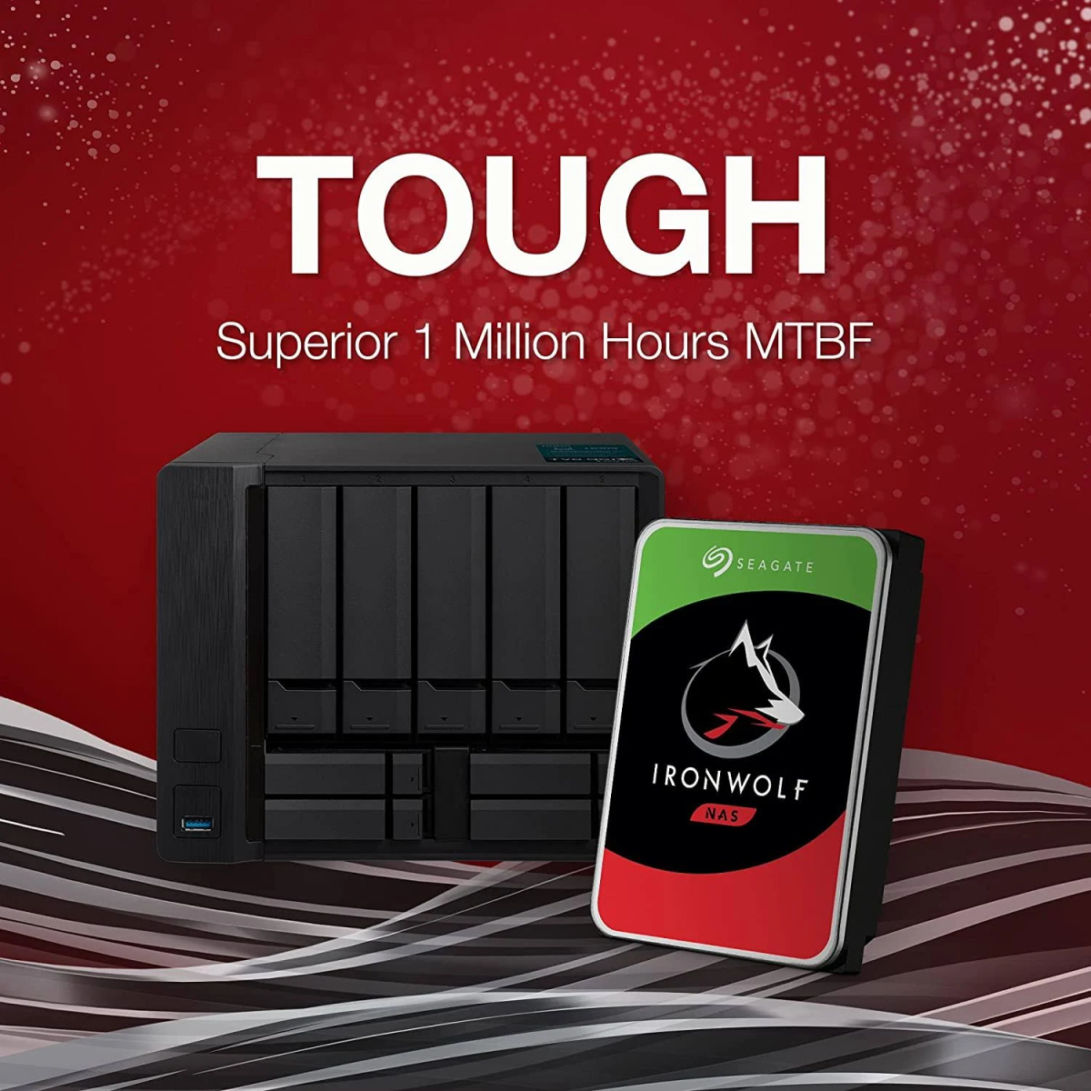 Black NAS device with hard drives, and a Seagate IronWolf NAS drive. Red and black background.