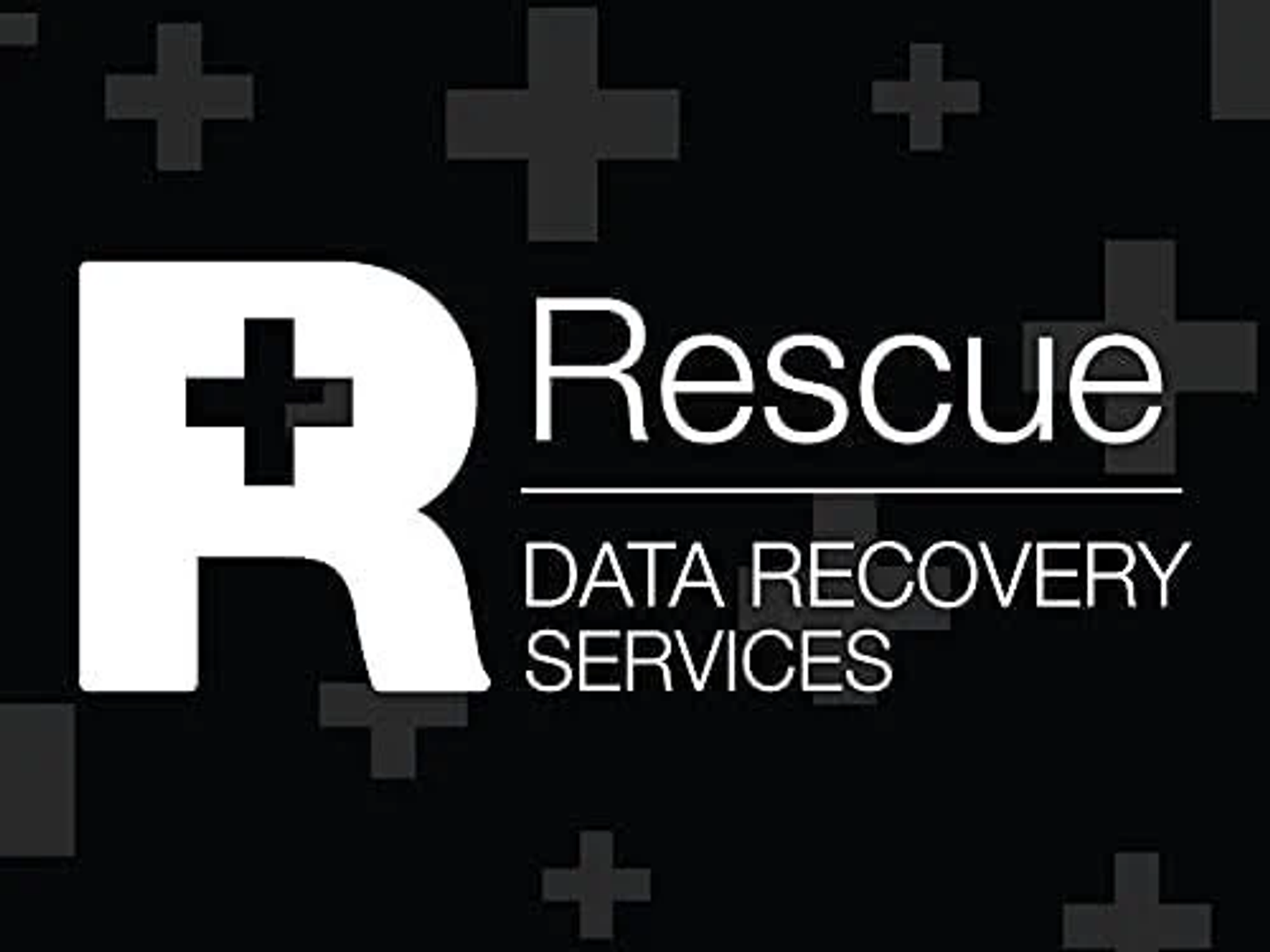 Black and white logo with a white 'R' and a plus sign, with text 'Rescue Data Recovery Services'.