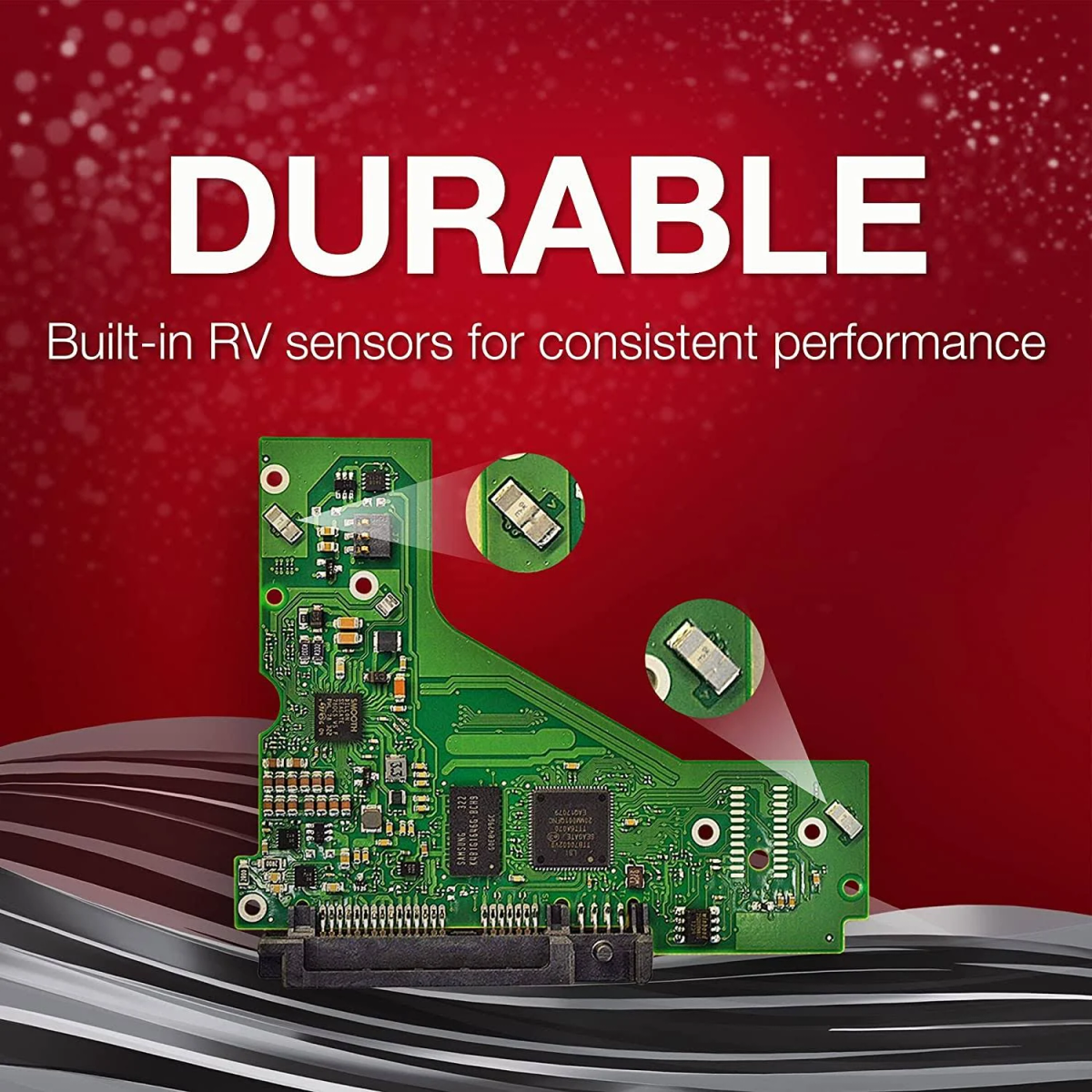 A green circuit board with text 'DURABLE', built-in RV sensors, and circular magnified details.