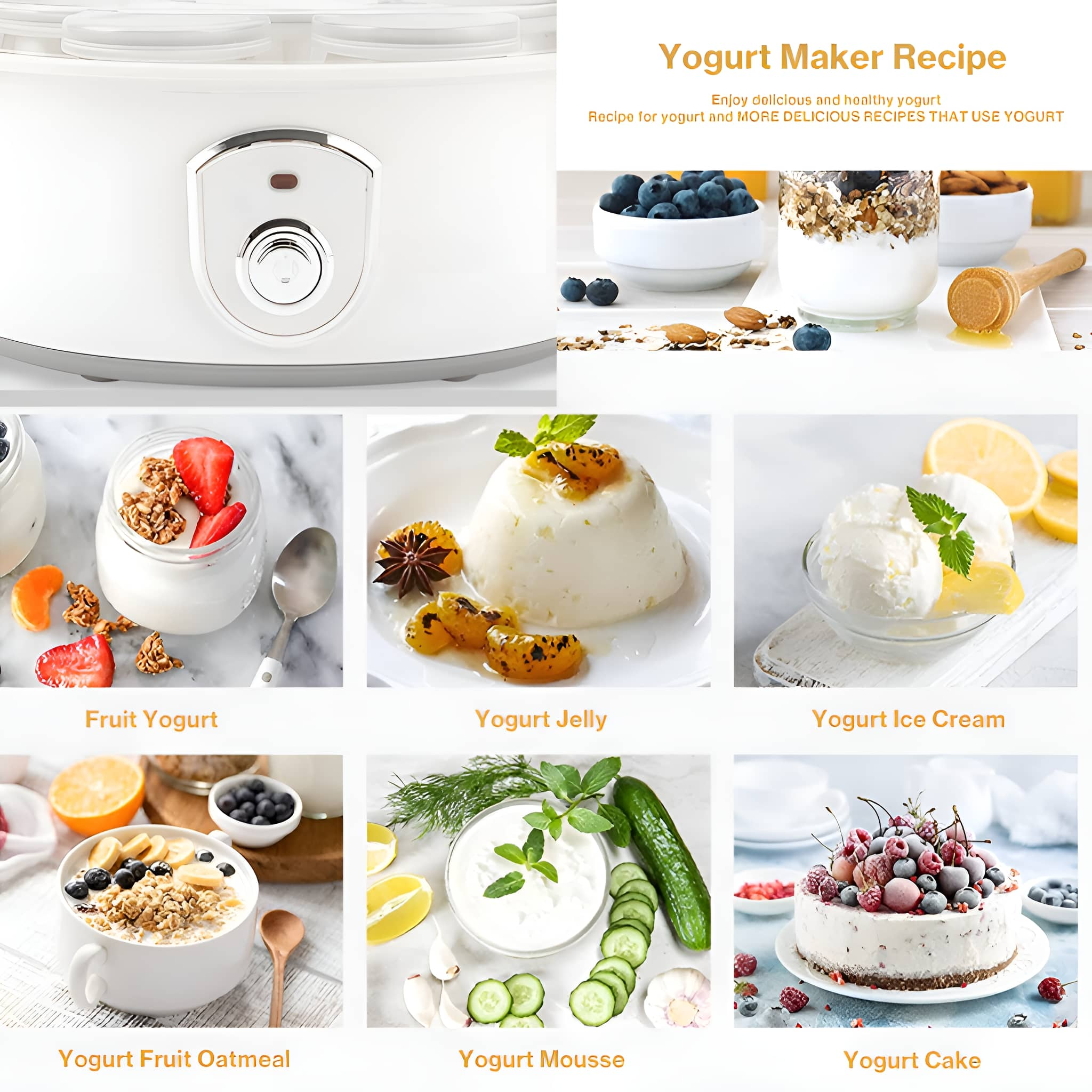 Joghurtbereiter und Bilder von Joghurt-Rezepten. Bilder enthalten Fruchtjoghurt, Gelee, Eiscreme und Kuchen.
