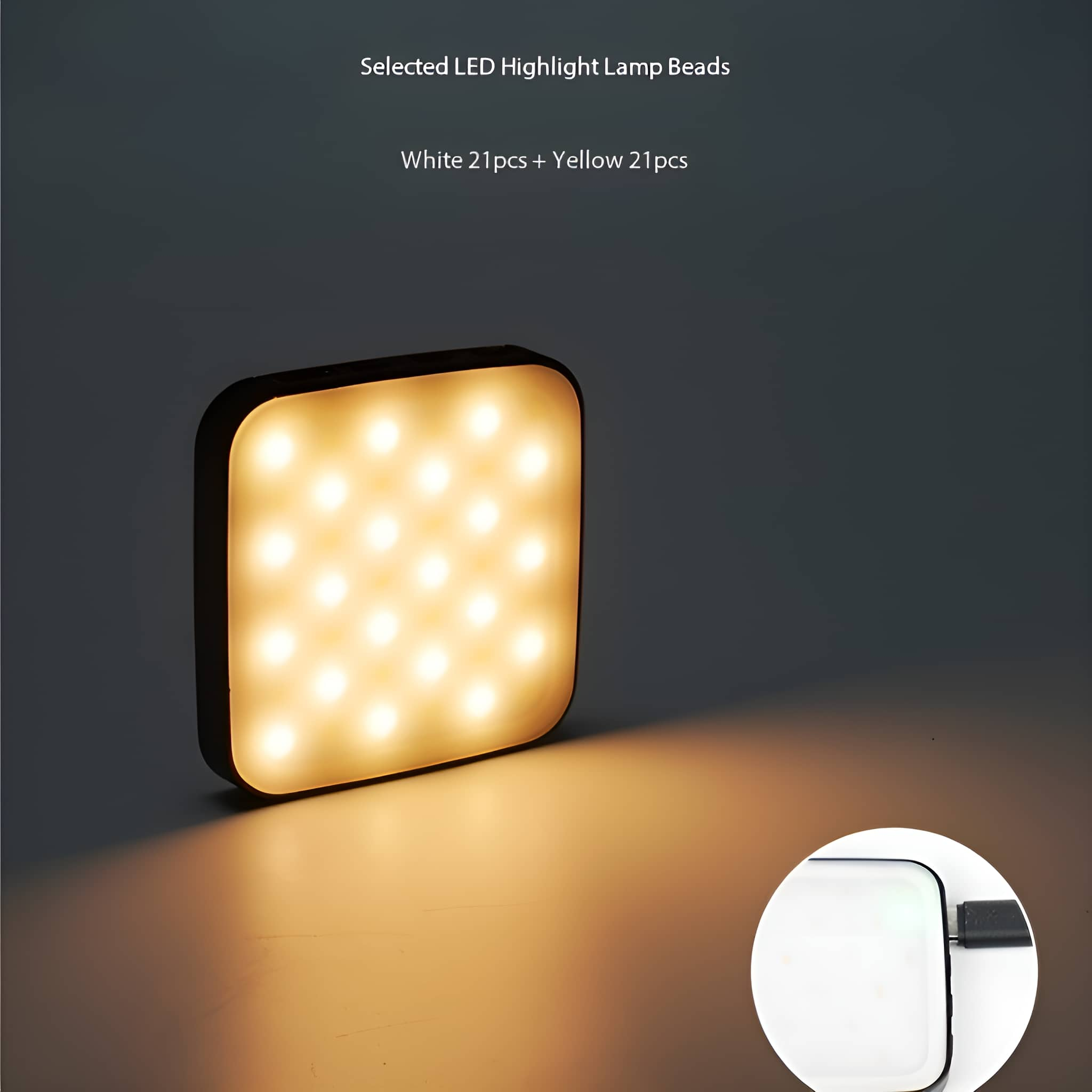 Quadratische LED-Leuchte mit mehreren Lichtern. Text sagt: 'Selected LED Highlight Lamp Beads'.