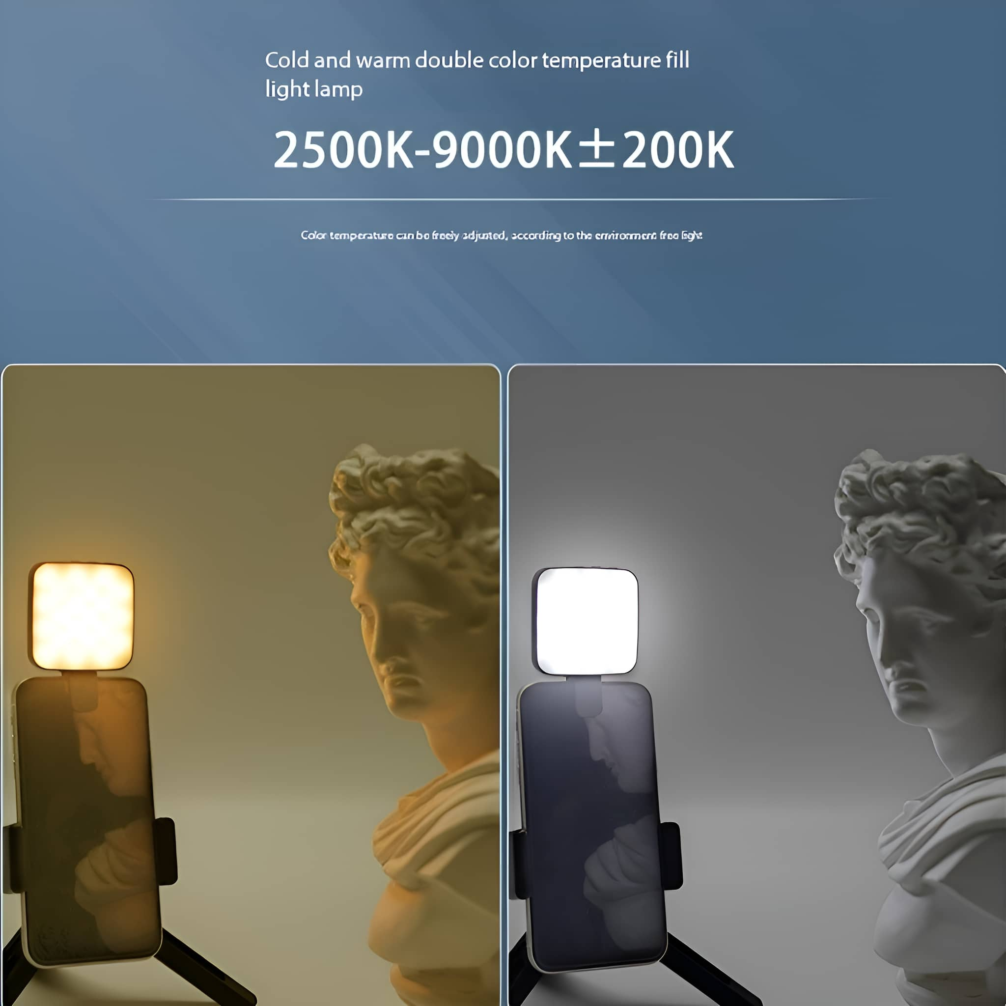 Zwei Bilder zeigen ein kleines Licht auf einem Telefon, mit einer Statue. Warmes und kühles Licht. Einstellbar.