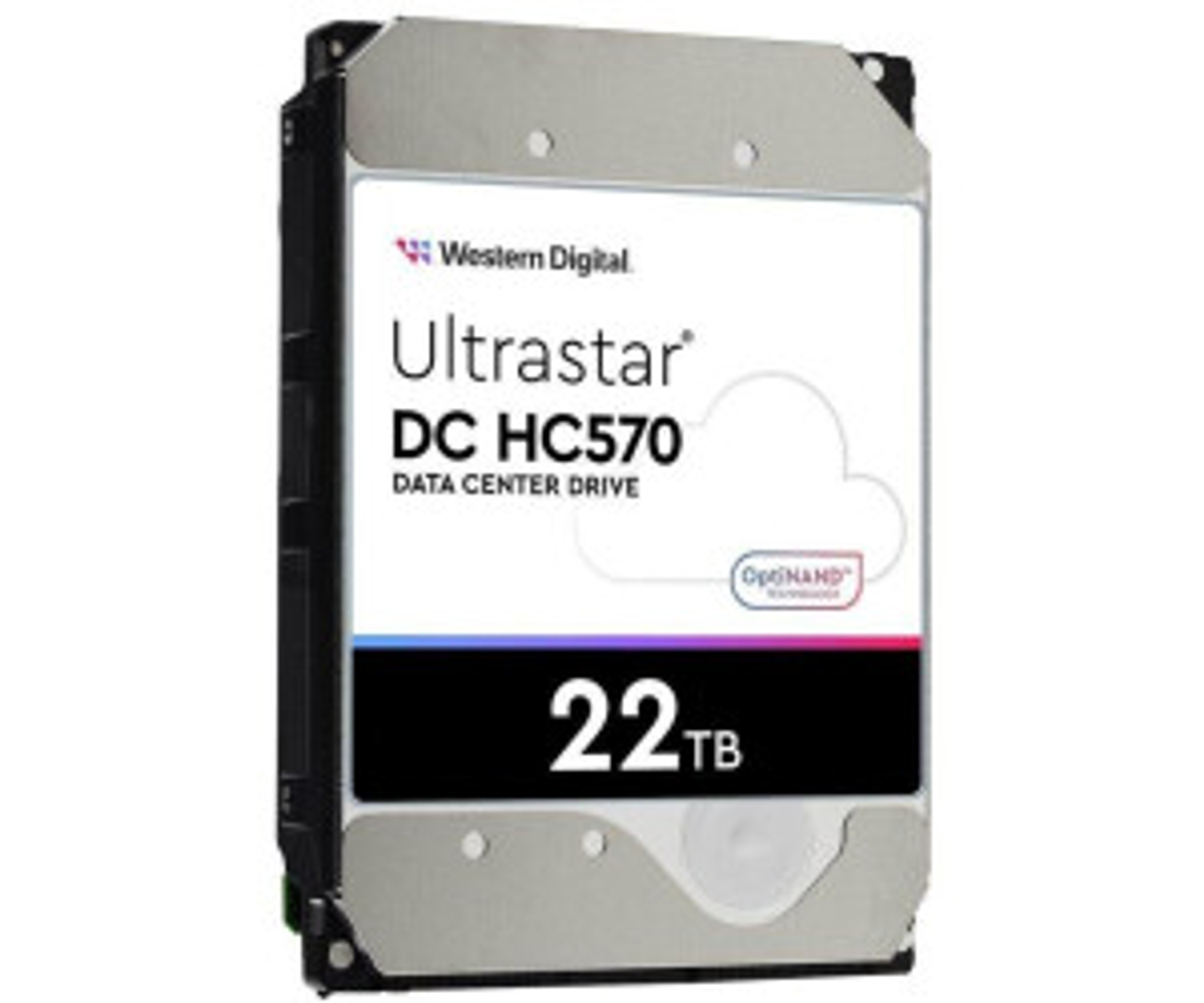 Un disco rigido Western Digital Ultrastar DC HC570, 22TB, con etichetta e grafica a nuvola.