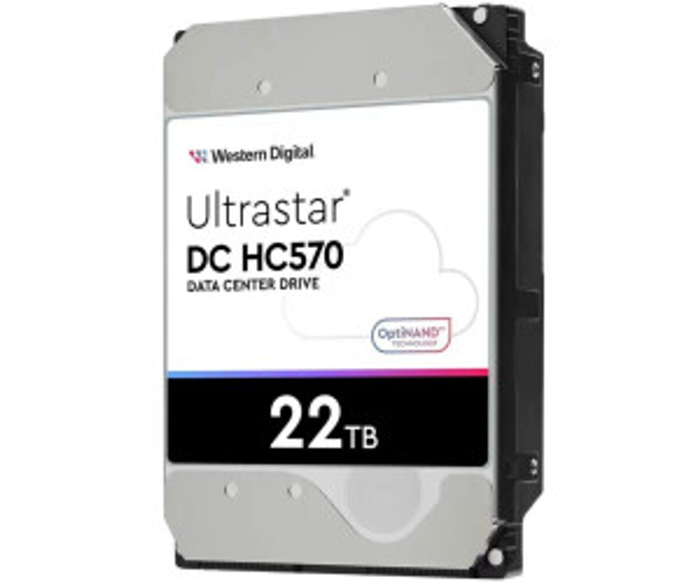 Un disco rigido Western Digital Ultrastar DC HC570 da 22 TB. È un'unità argento e nera.
