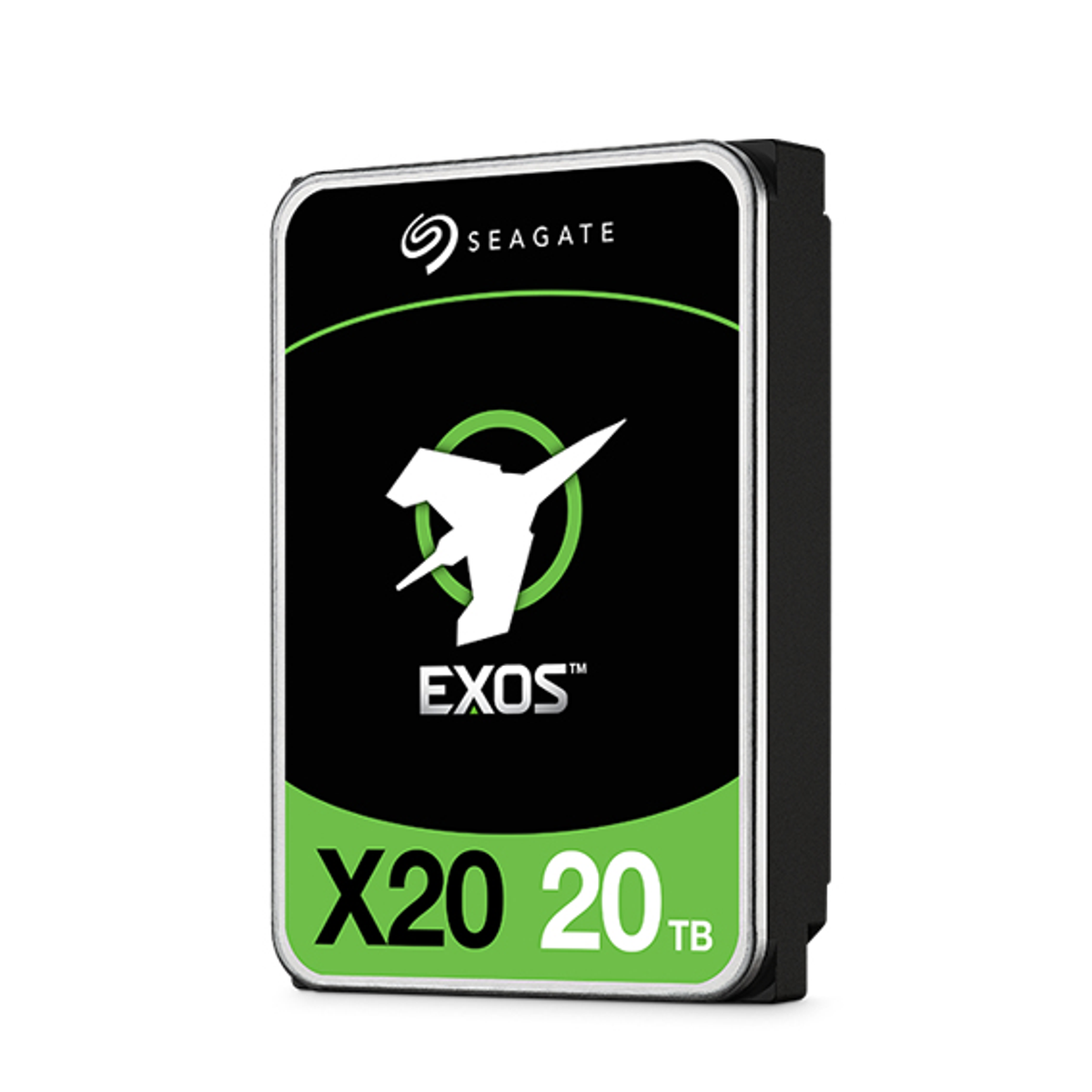 Czarny i zielony dysk twardy Seagate EXOS X20 20TB z białym logo, na białym tle.