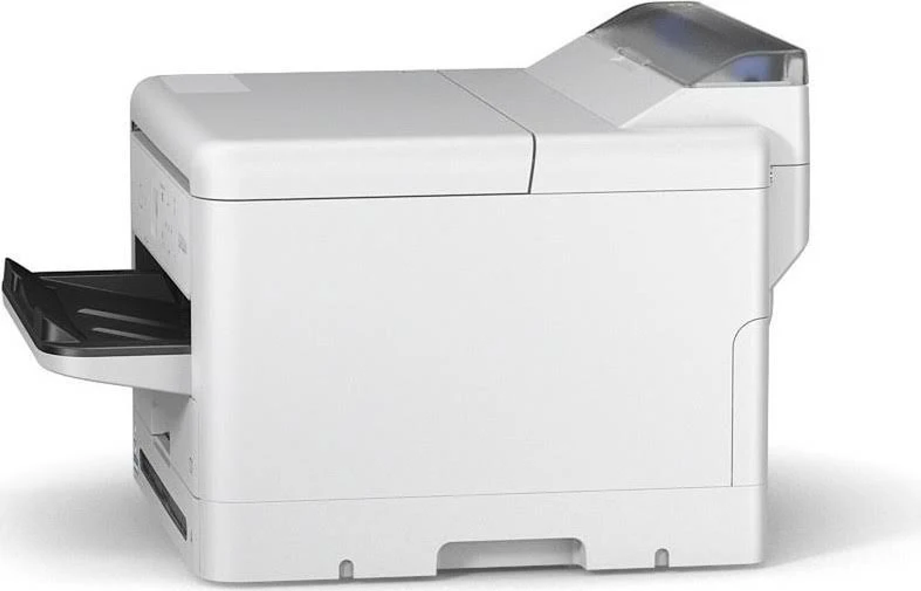 Biała drukarka, widok z boku, z wysuniętym podajnikiem papieru.