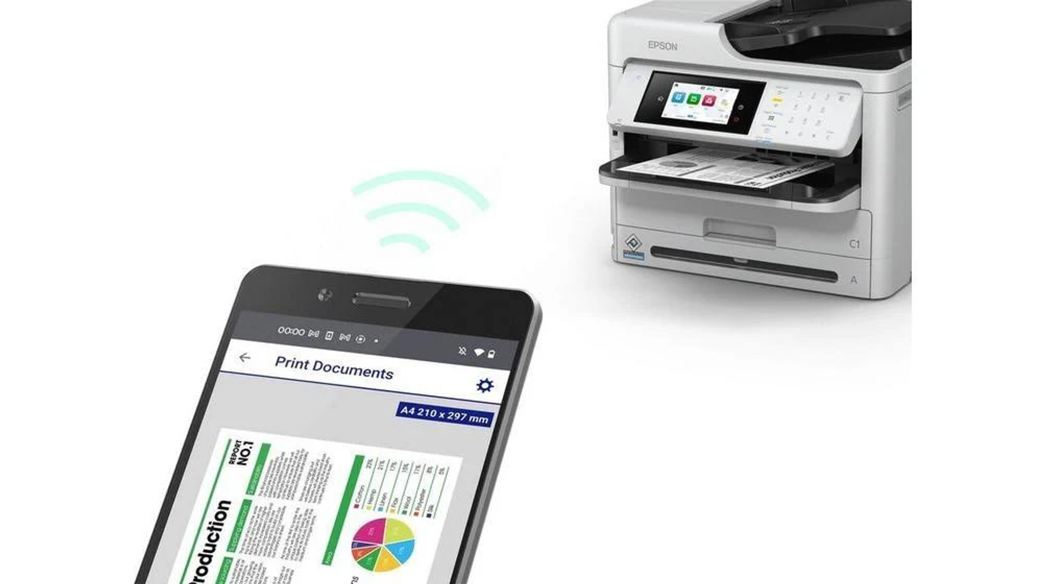 Smartfon połączony bezprzewodowo z drukarką. Telefon wyświetla dokument do wydrukowania.