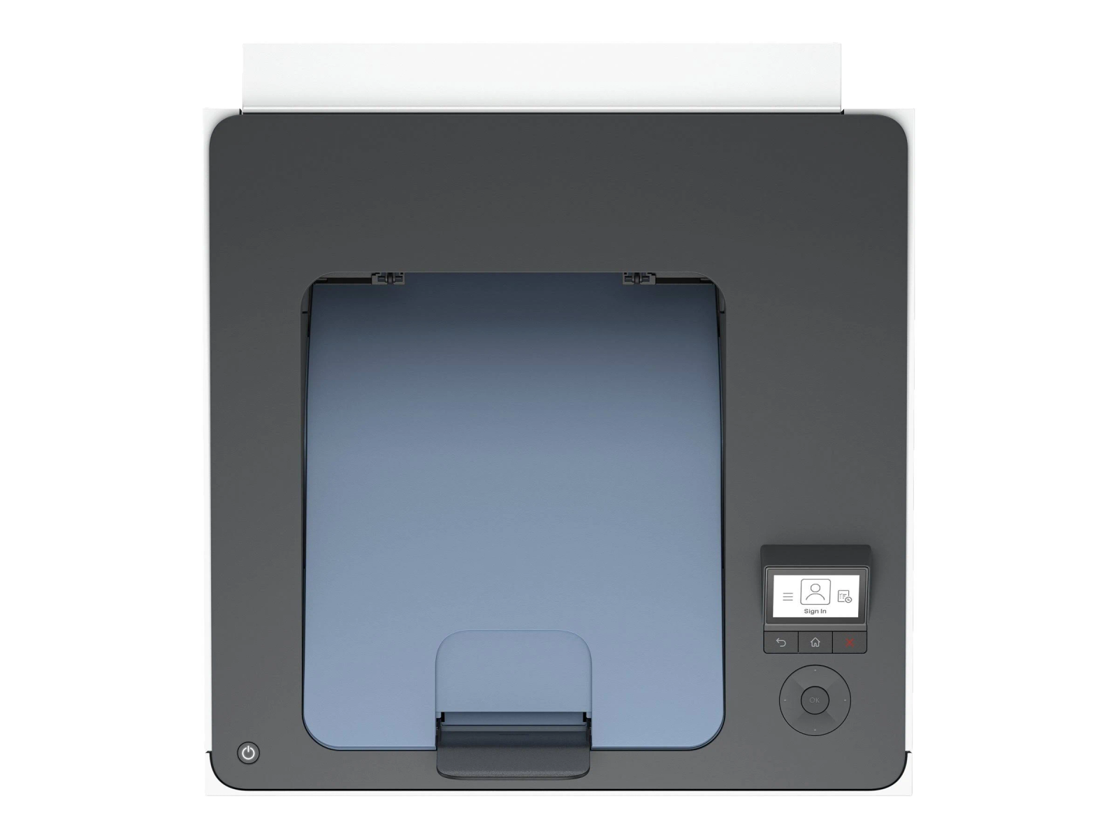 Widok z góry na drukarkę z panelem sterowania i otwartymi drzwiami podajnika papieru.