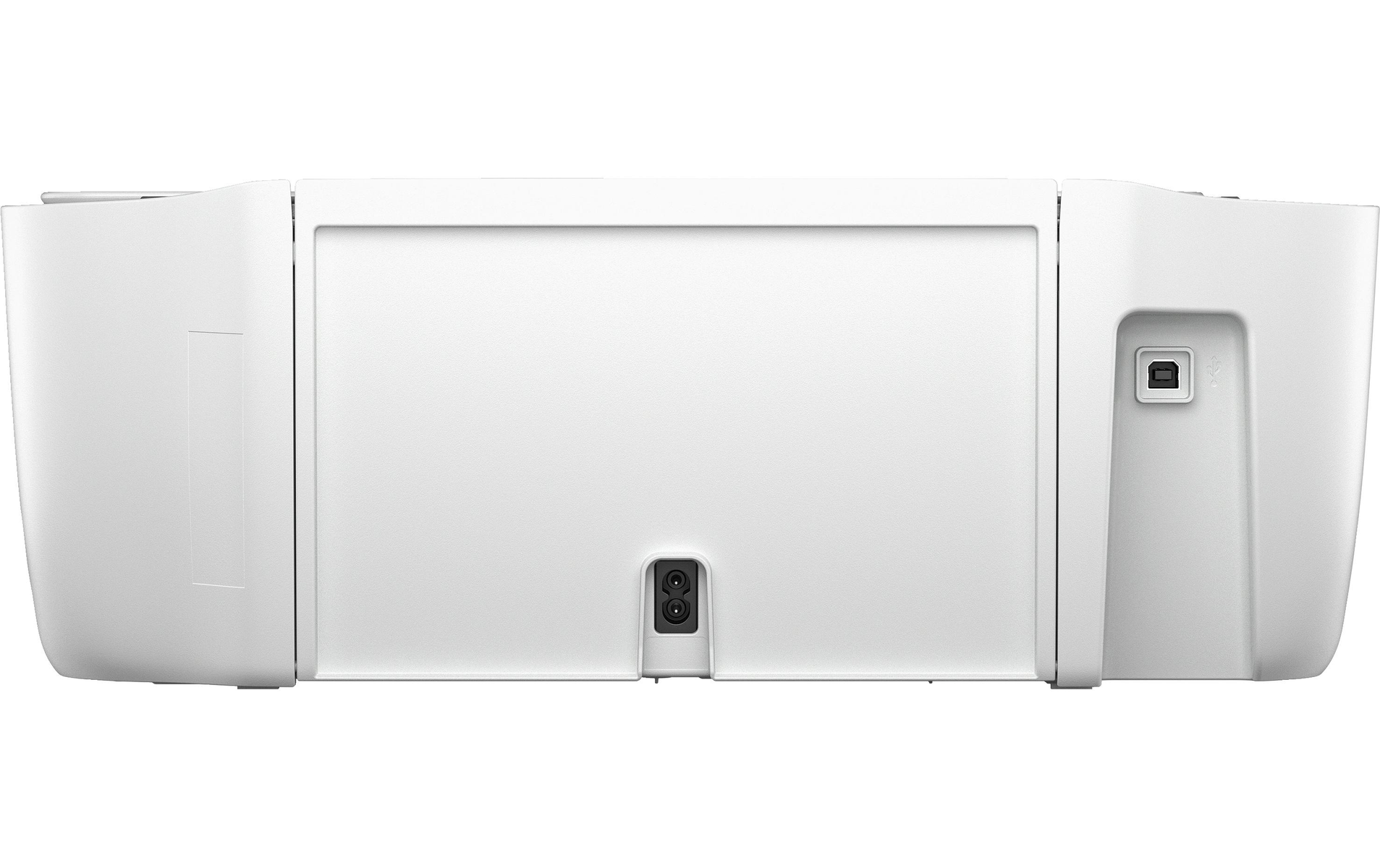 Widok z tyłu białej drukarki, pokazujący porty zasilania i USB.