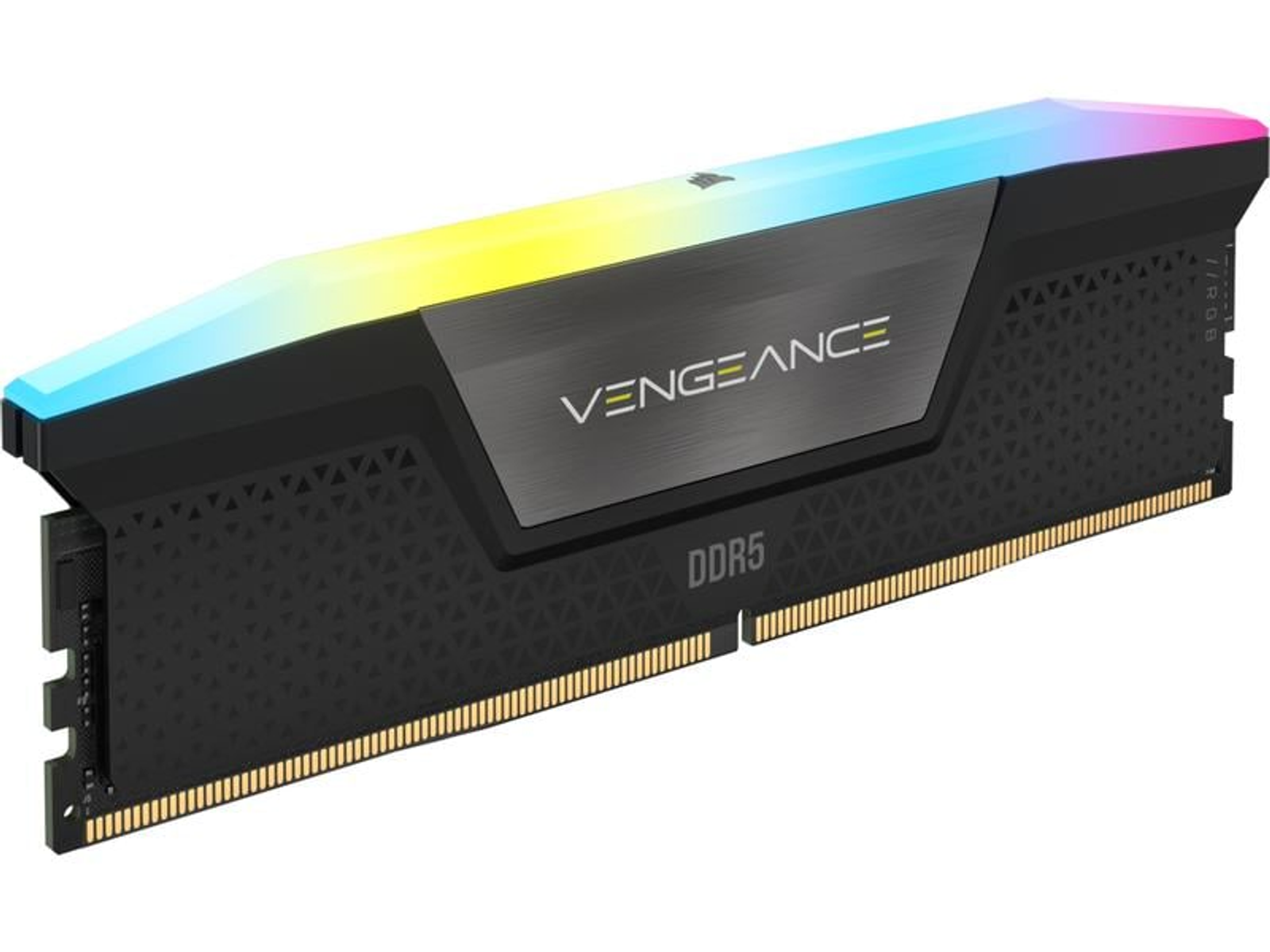 Kość RAM Corsair Vengeance DDR5. Czarna z oświetleniem RGB. Srebrne logo 'Vengeance'.