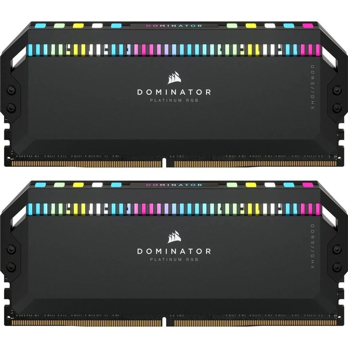 Dwa czarne moduły RAM Corsair Dominator Platinum RGB z kolorowymi diodami LED.