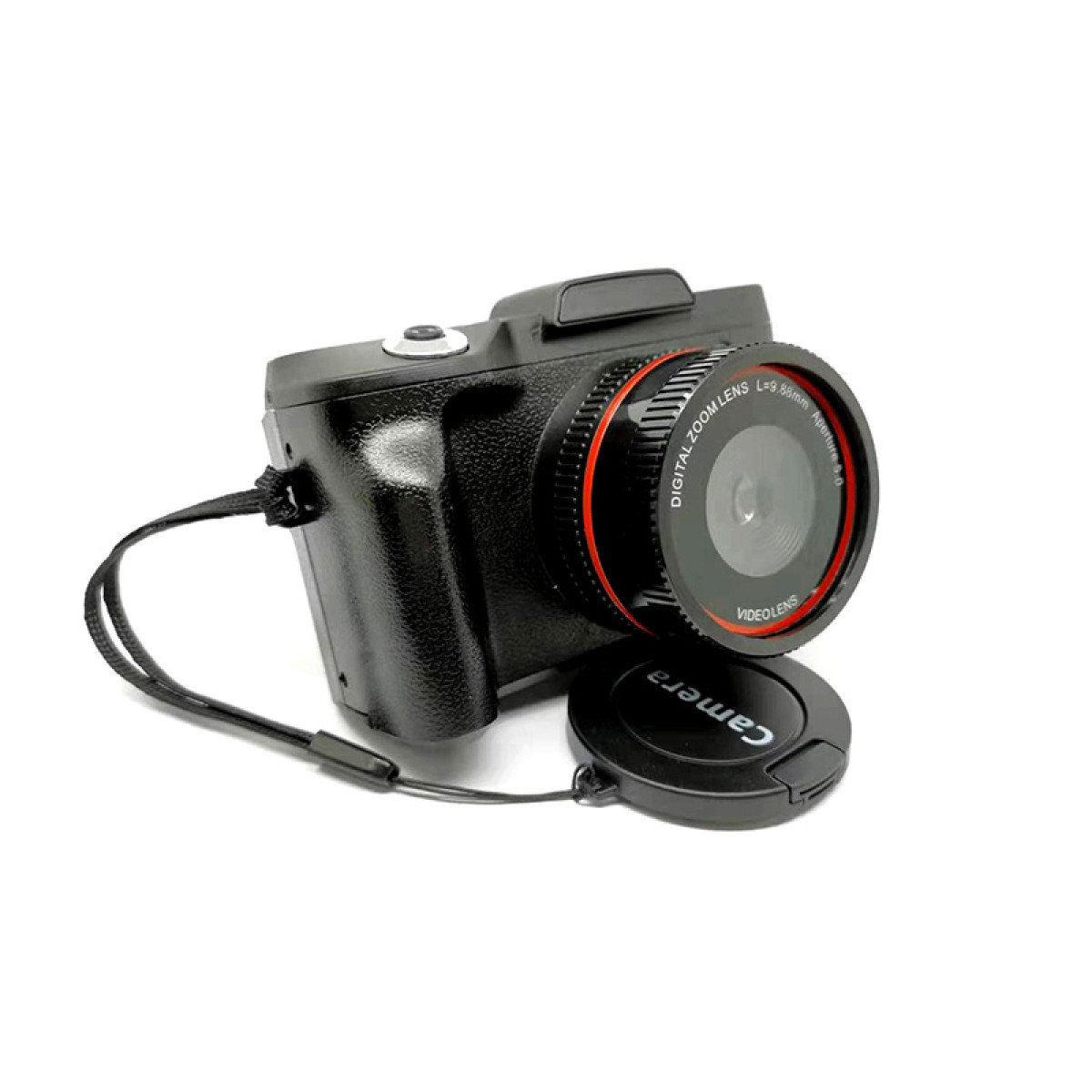 Czarny aparat z czerwonym pierścieniem obiektywu, osłoną obiektywu i paskiem, na białym tle.