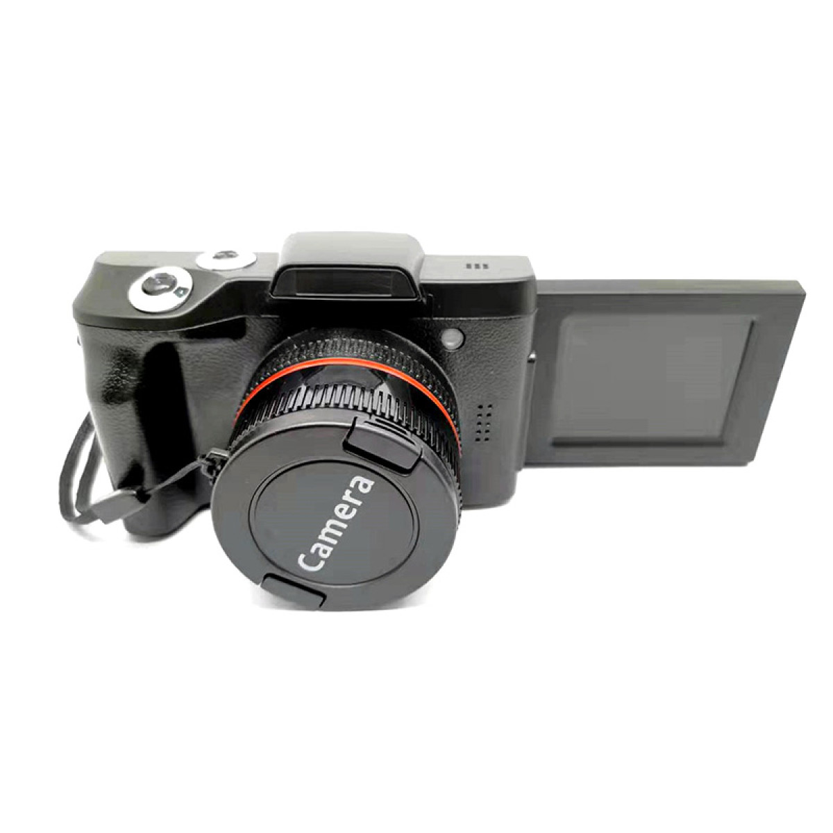 Czarny aparat z osłoną obiektywu i rozłożonym ekranem, w pomieszczeniu.