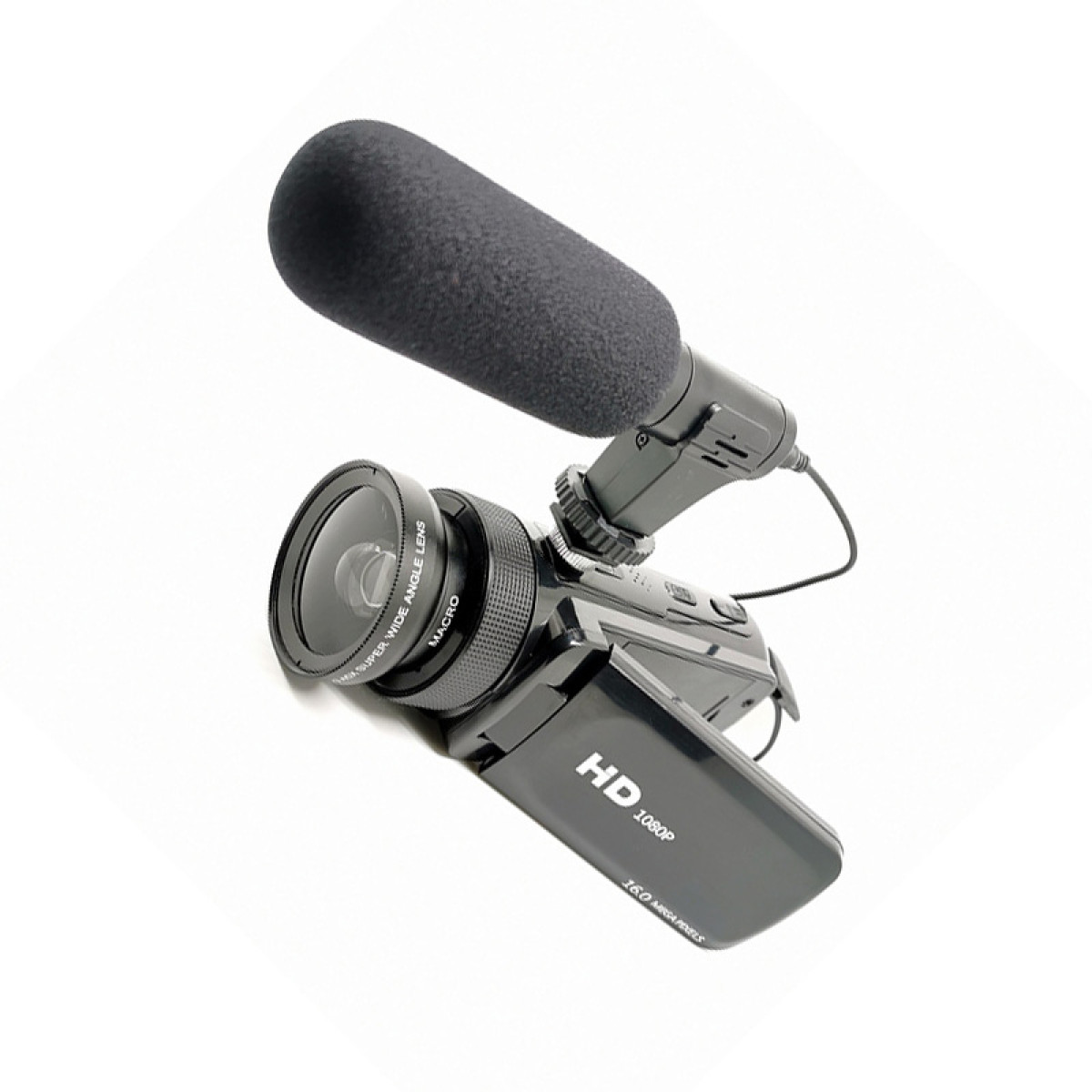 Aparat z dołączonym mikrofonem, wyizolowany na białym tle.