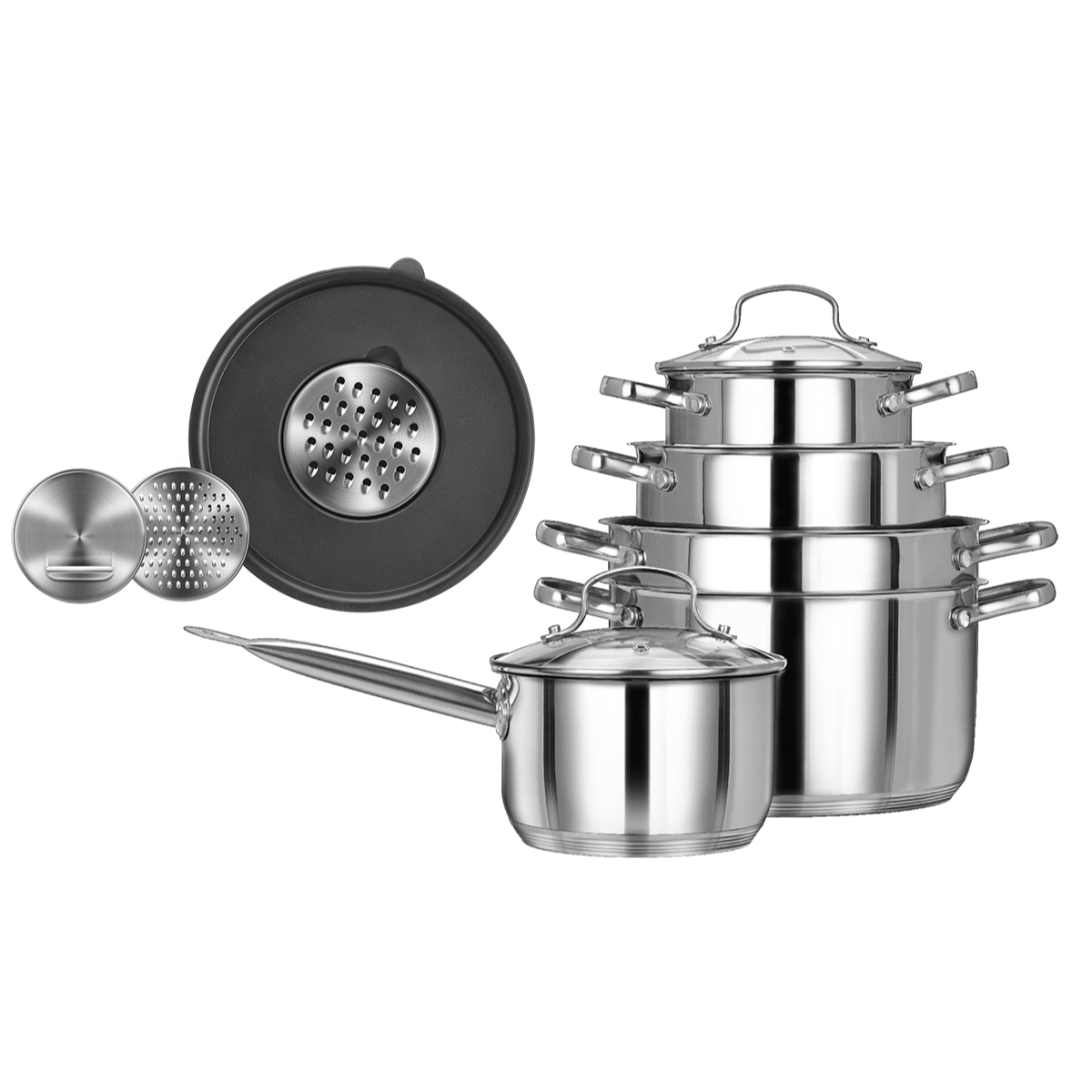 Juego de utensilios de cocina de acero inoxidable con varias ollas y tapas sobre un fondo blanco, herramientas de cocina.