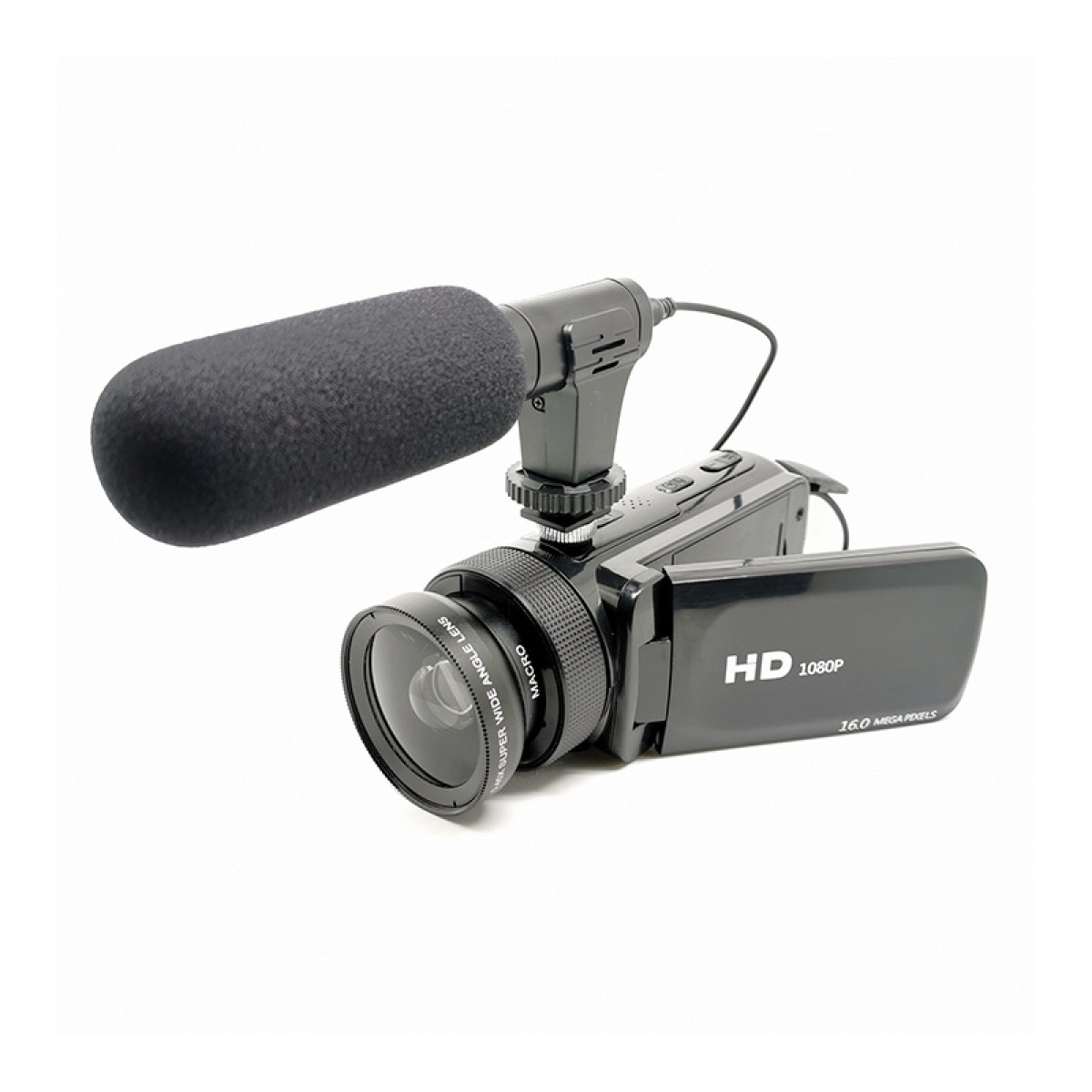 Czarna kamera wideo z dołączonym mikrofonem, na białym tle.