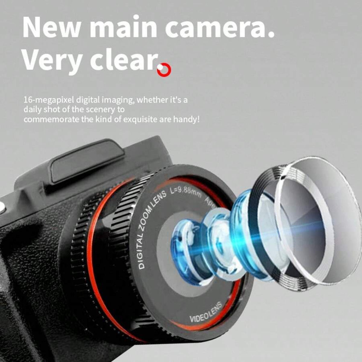 Obiektyw aparatu z tekstem i wiązkami światła.