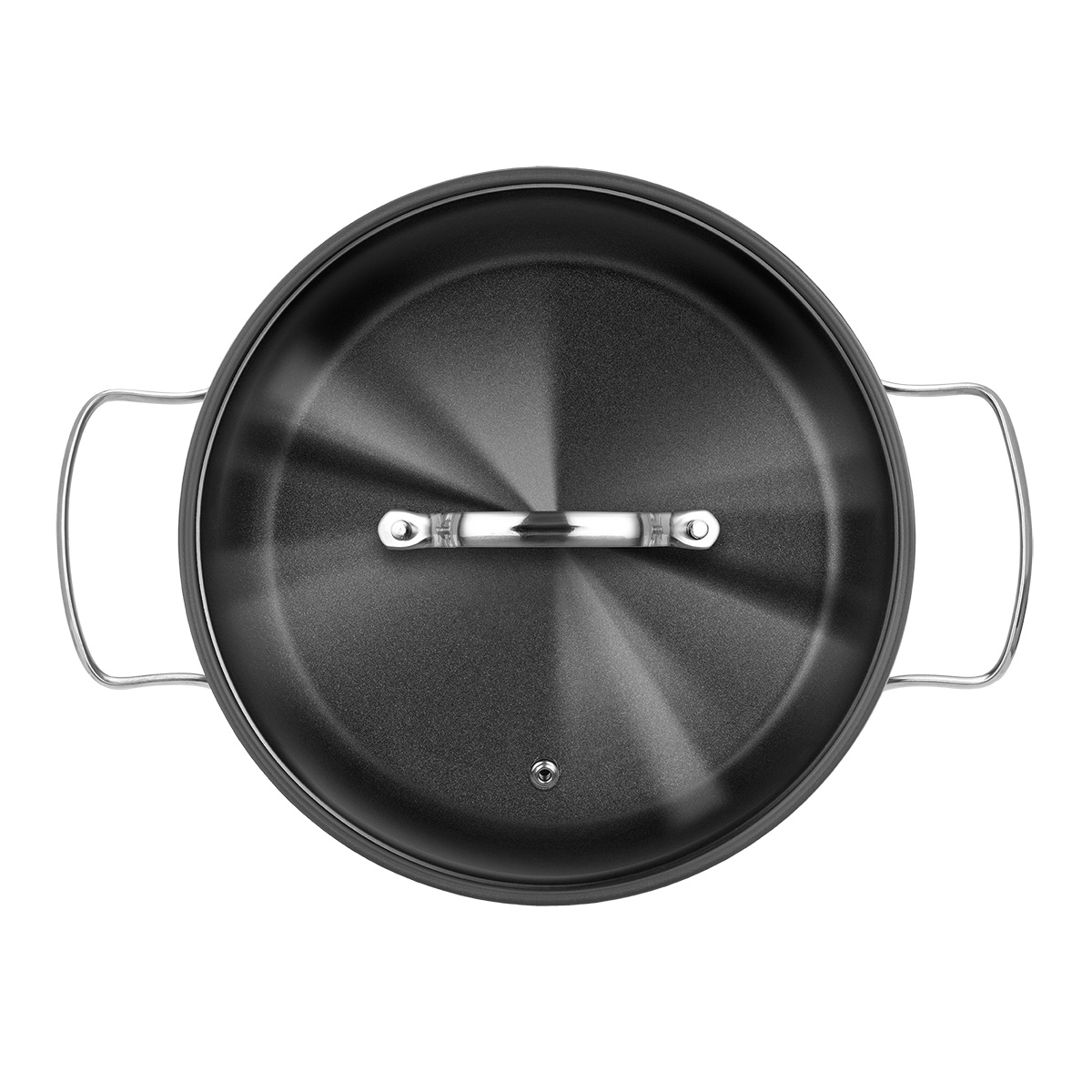 Vista superior de una olla negra con tapa y dos asas.