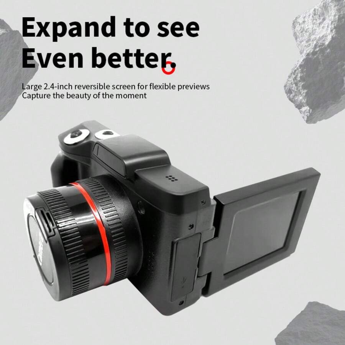 Czarny aparat z otwartym ekranem, biały tekst w tle.