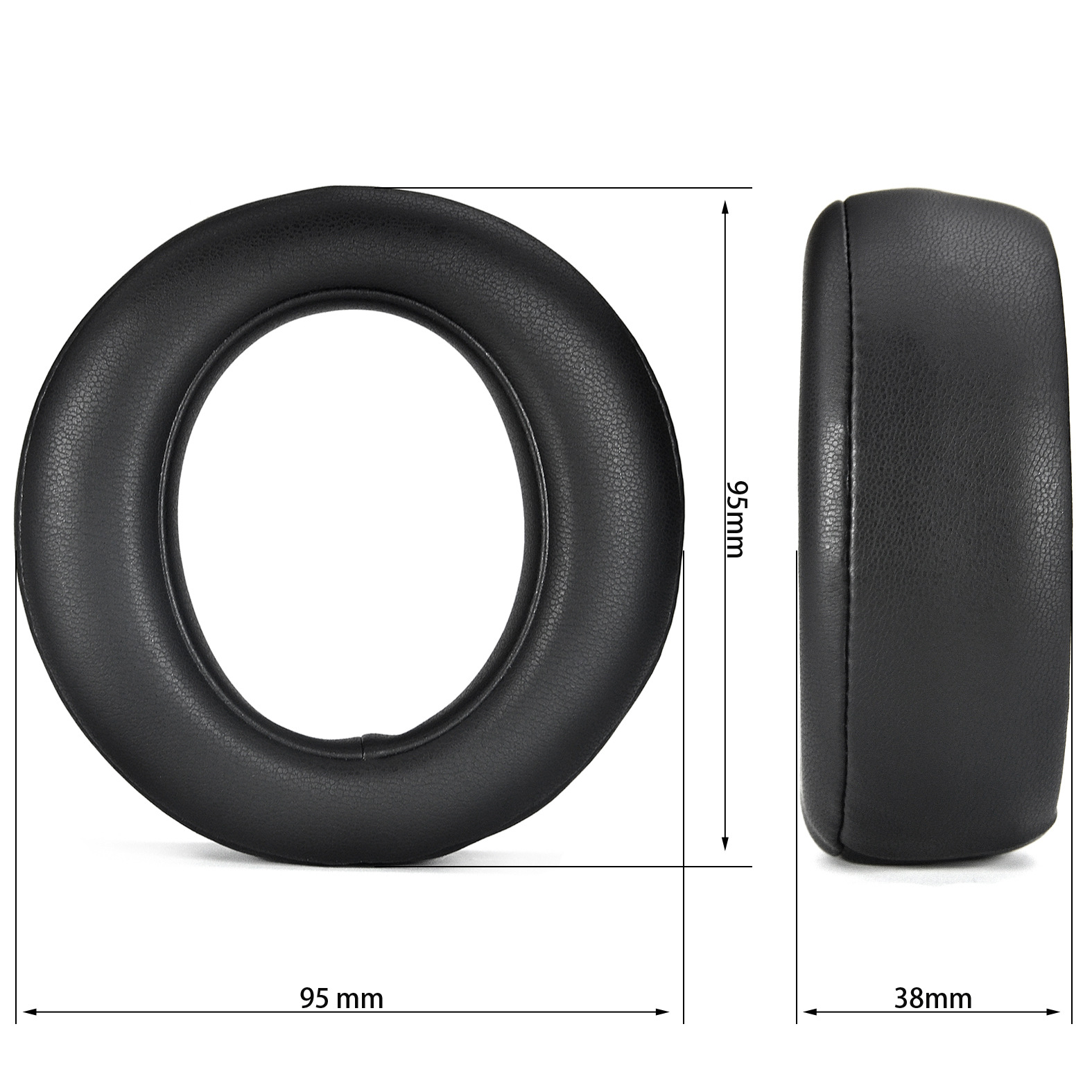 Schwarzes Kopfhörer-Ohrpolster, kreisförmig, Abmessungen: 95mm x 95mm x 38mm.