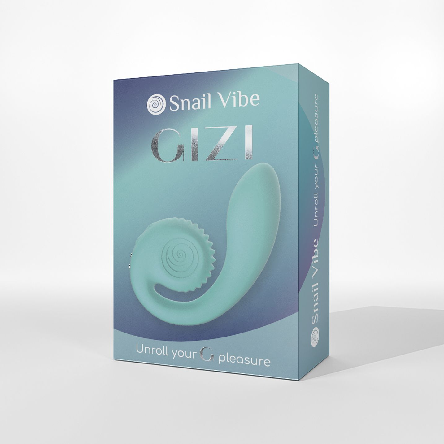 Box einer türkisblauen Gizi Snail Vibe. Box hat das Gizi-Logo und den Text: Unroll your pleasure.