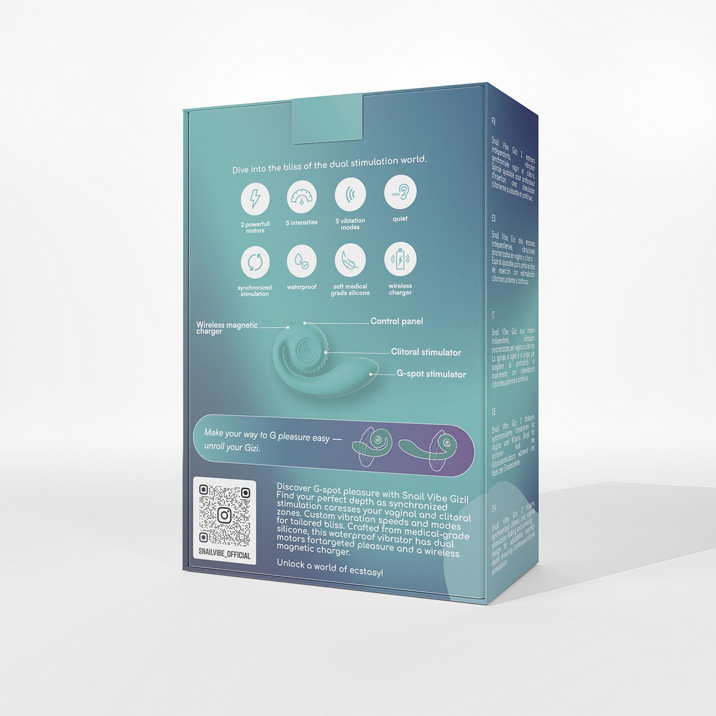 Box mit teal Sexspielzeug, Text und Symbolen. Enthält einen G-Punkt-Stimulator, kabelloses Ladegerät und mehr.