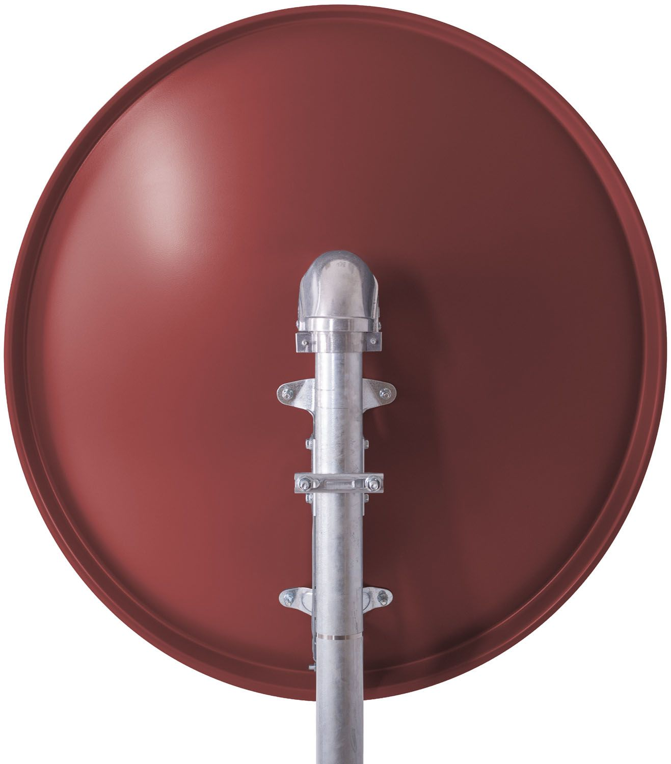 Rote Satellitenschüssel mit silberner Haltestange. Die Schüssel ist kreisförmig, der Hintergrund ist weiß.