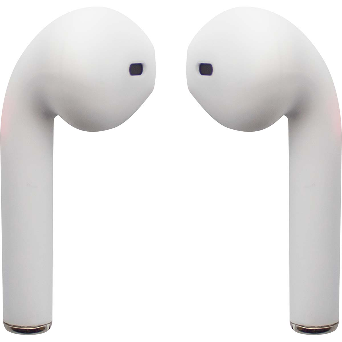 Twee witte draadloze oordopjes. Ze hebben een steel en een afgeronde bovenkant, met een klein zwart puntje.
