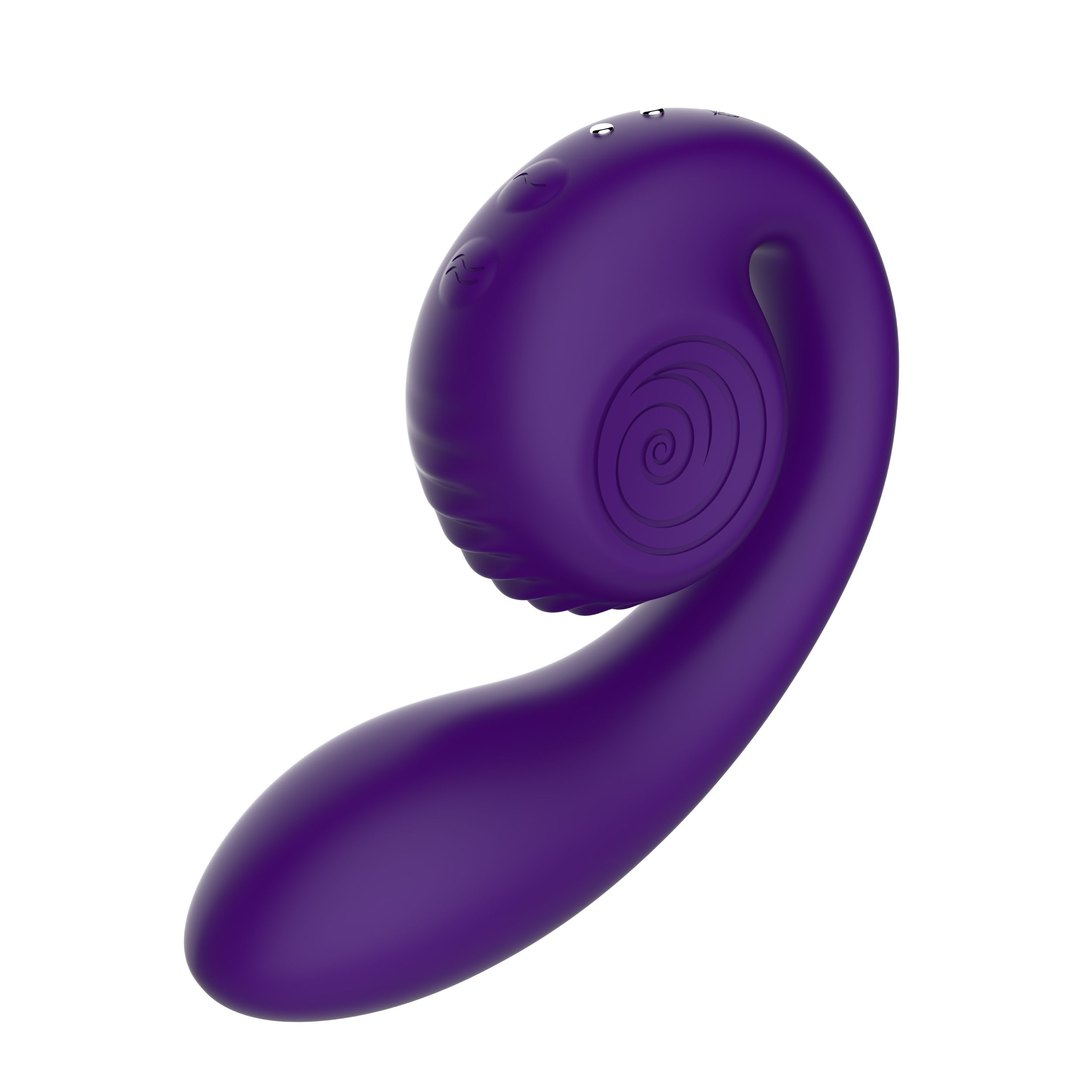 Lila Sexspielzeug. Es ist gebogen und hat ein Spiraldesign auf seiner Oberfläche. Der Hintergrund ist weiß.