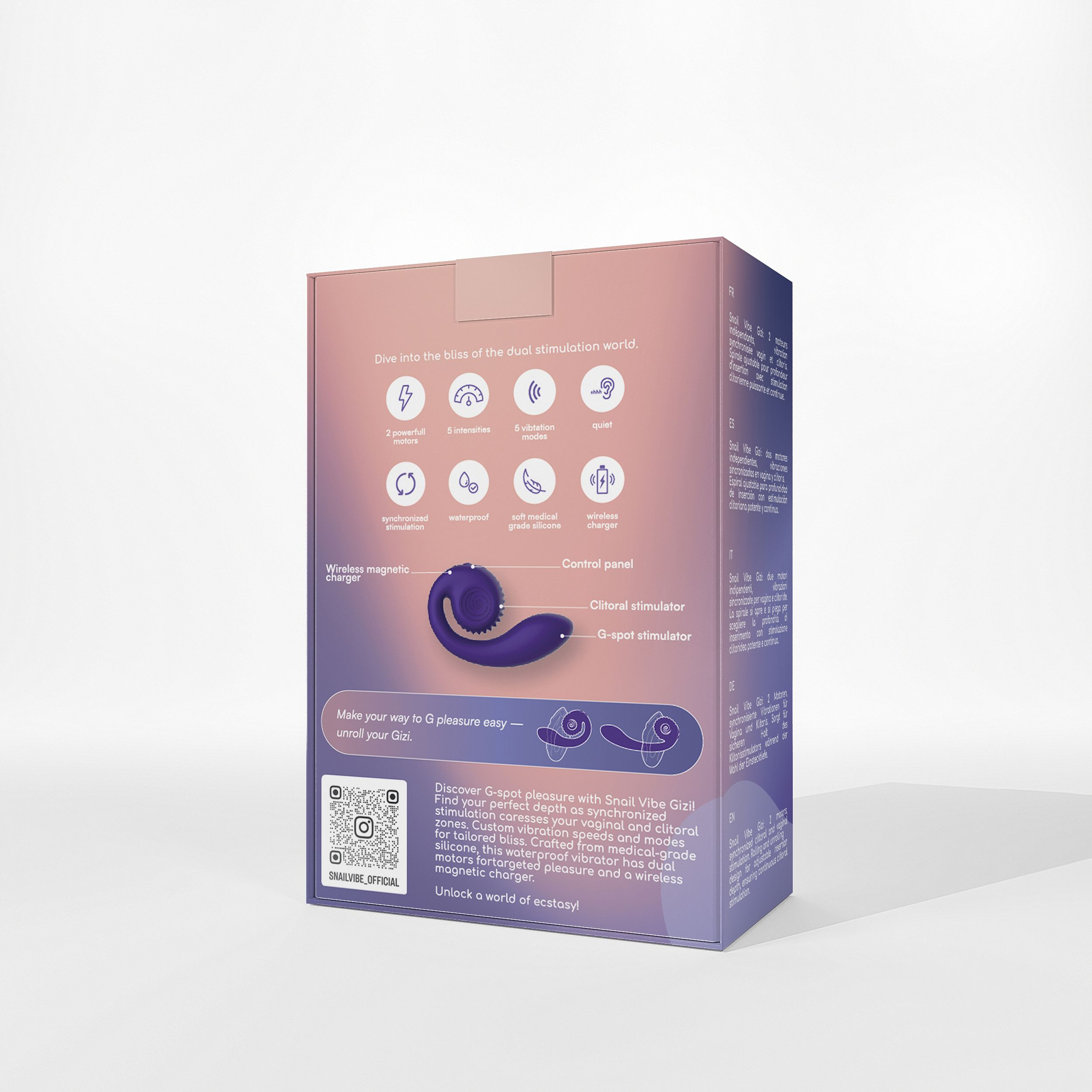 Box mit Text und Diagrammen über einen Vibrator. Die Box ist lila und weiß, mit einer Produktillustration.