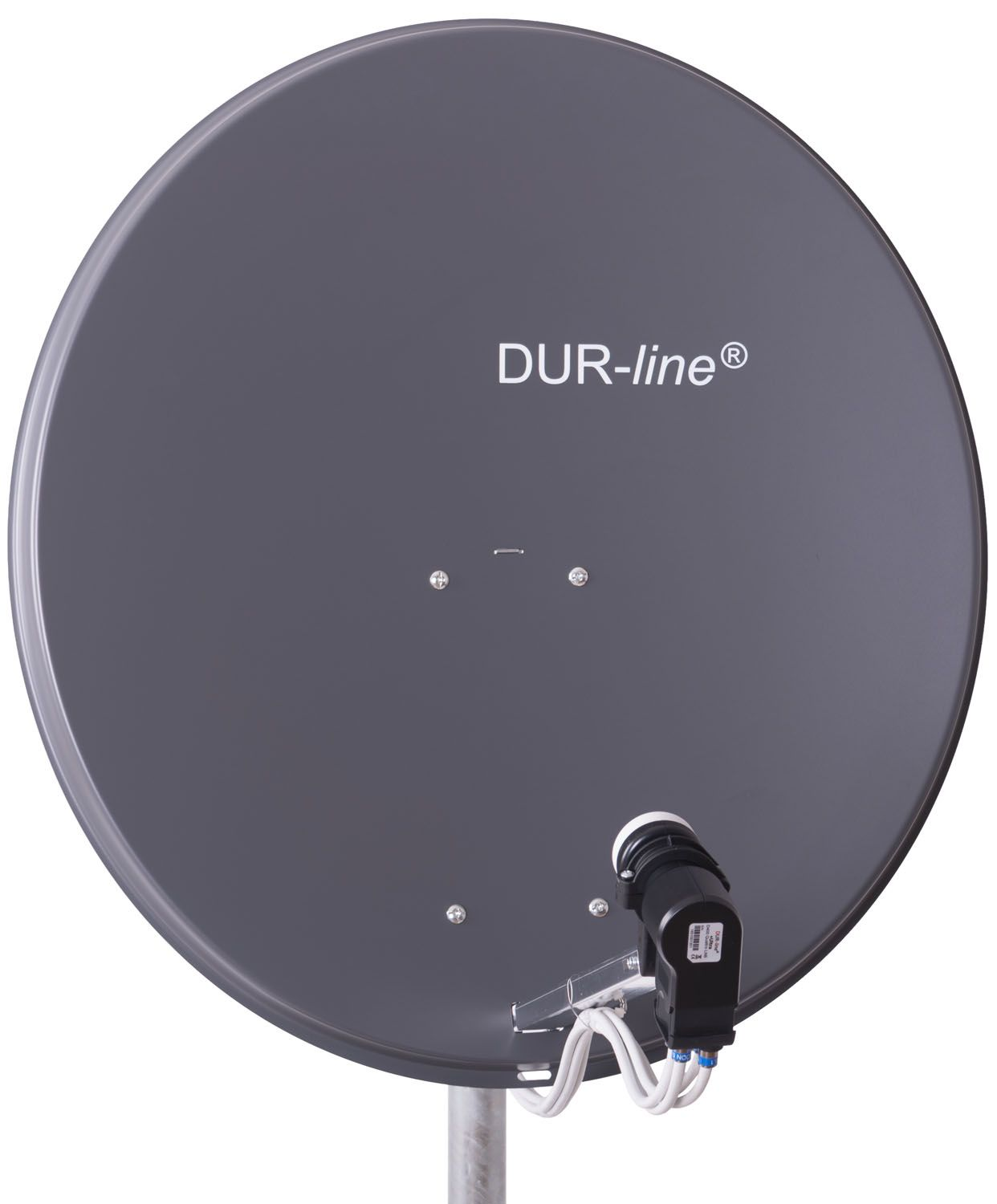Eine graue Satellitenschüssel mit dem Markennamen DUR-line. Sie ist an einem Mast montiert.
